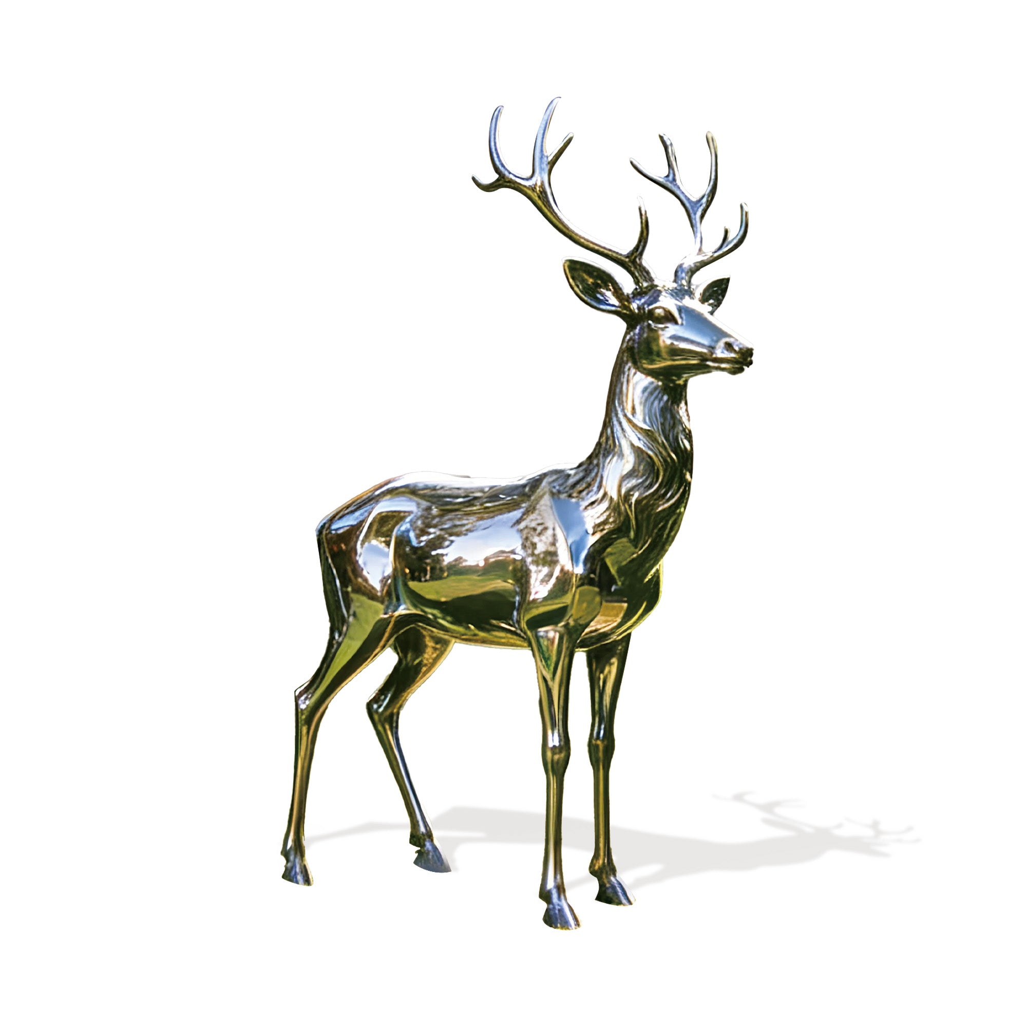 Metallic deer sculpture on a white background