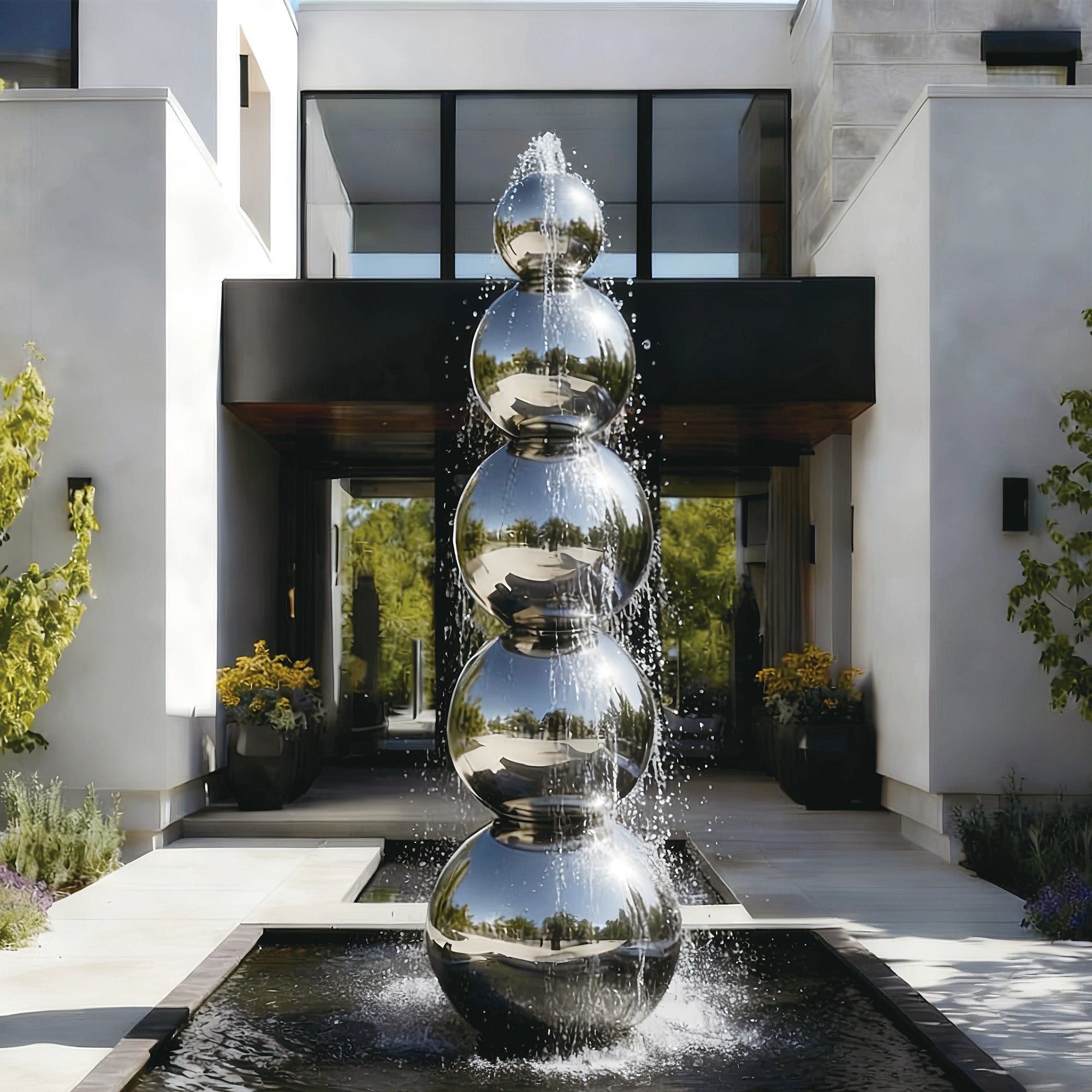 Modern water fountain with three reflective spheres in front of a contemporary house.
