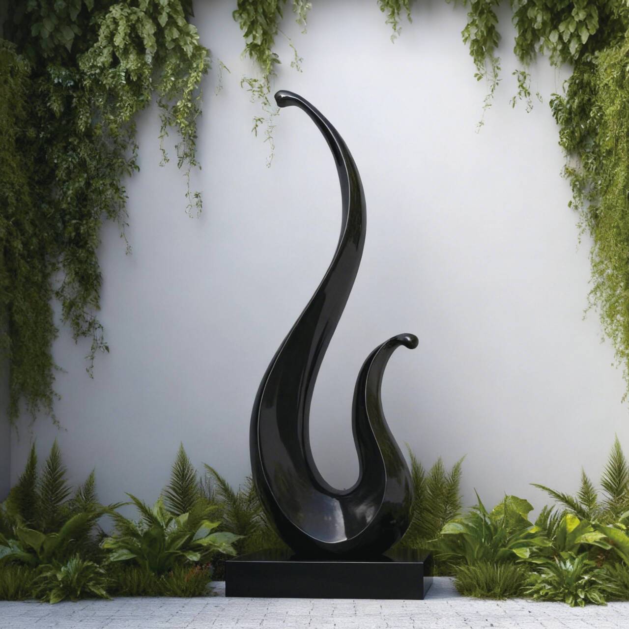 Black abstract sculpture in a garden setting with greenery