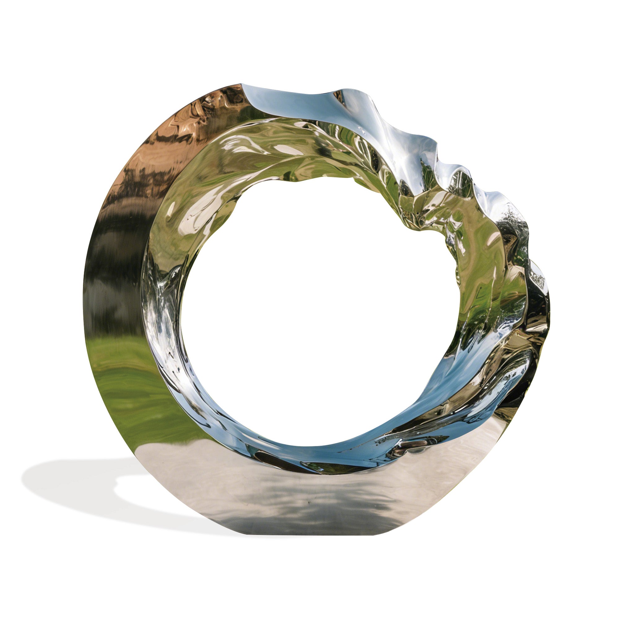 Circular stainless steel sculpture with natural landscape reflection on a white background
