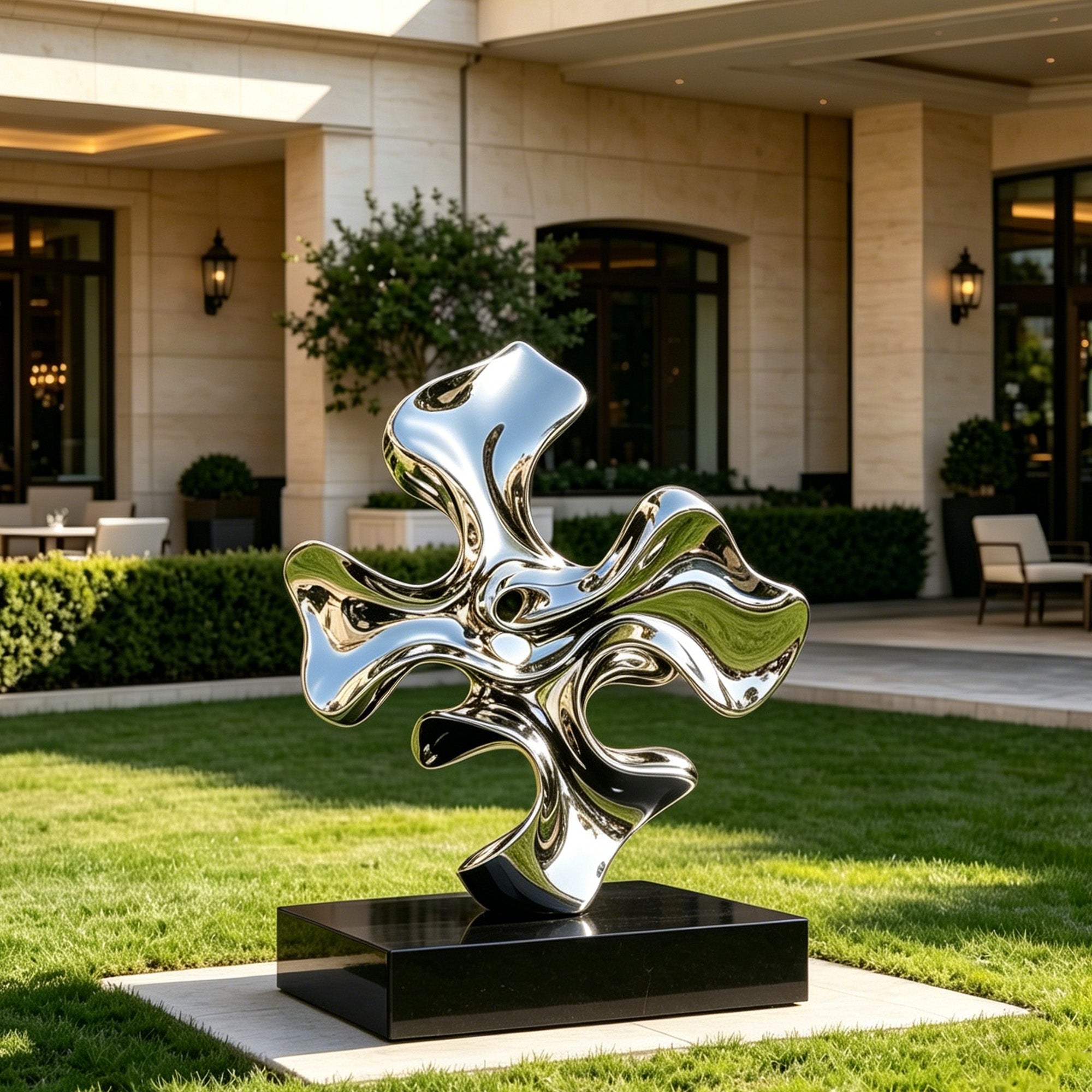 Abstract metal sculpture on a grassy area in front of a building
