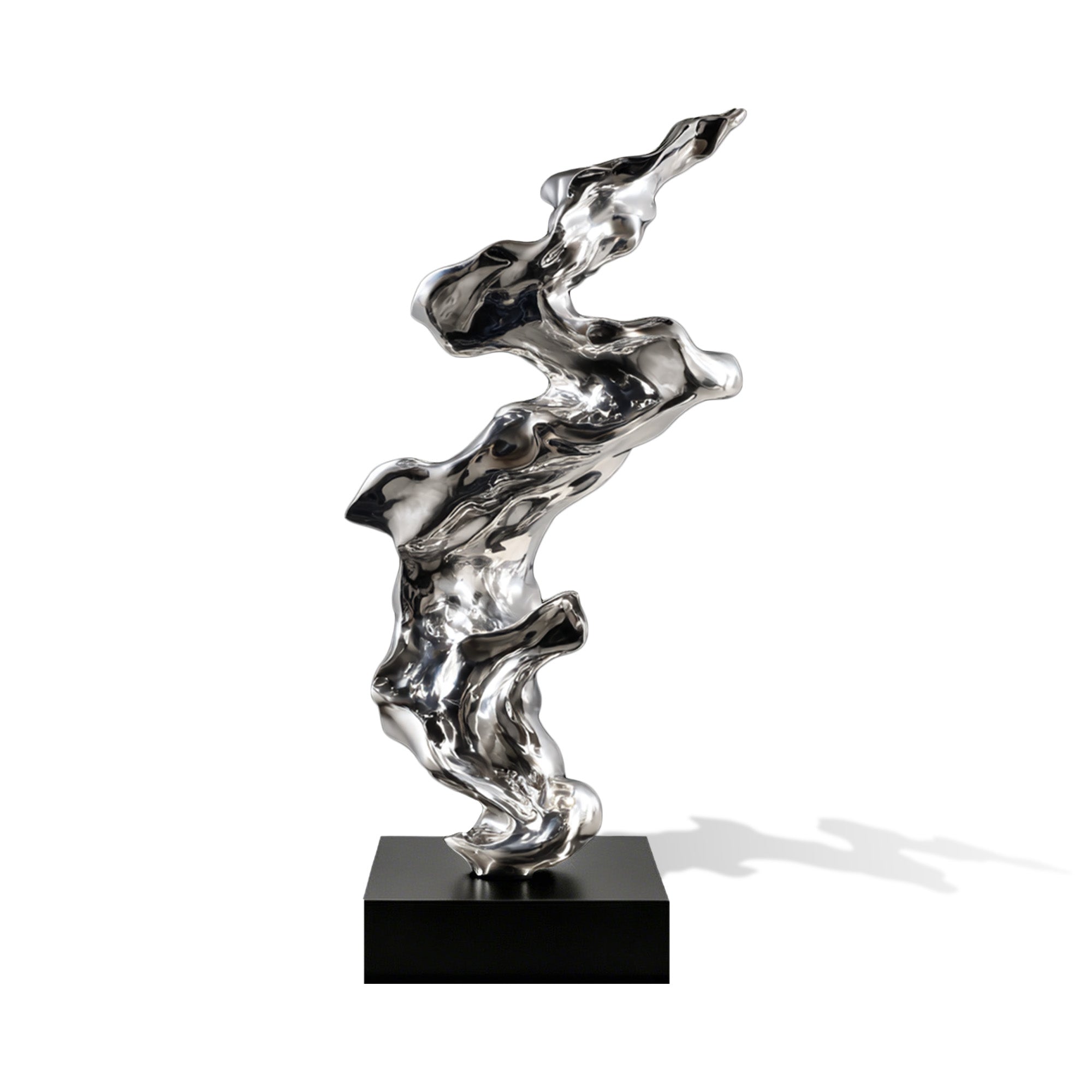 Abstract silver sculpture on a black base against a white background