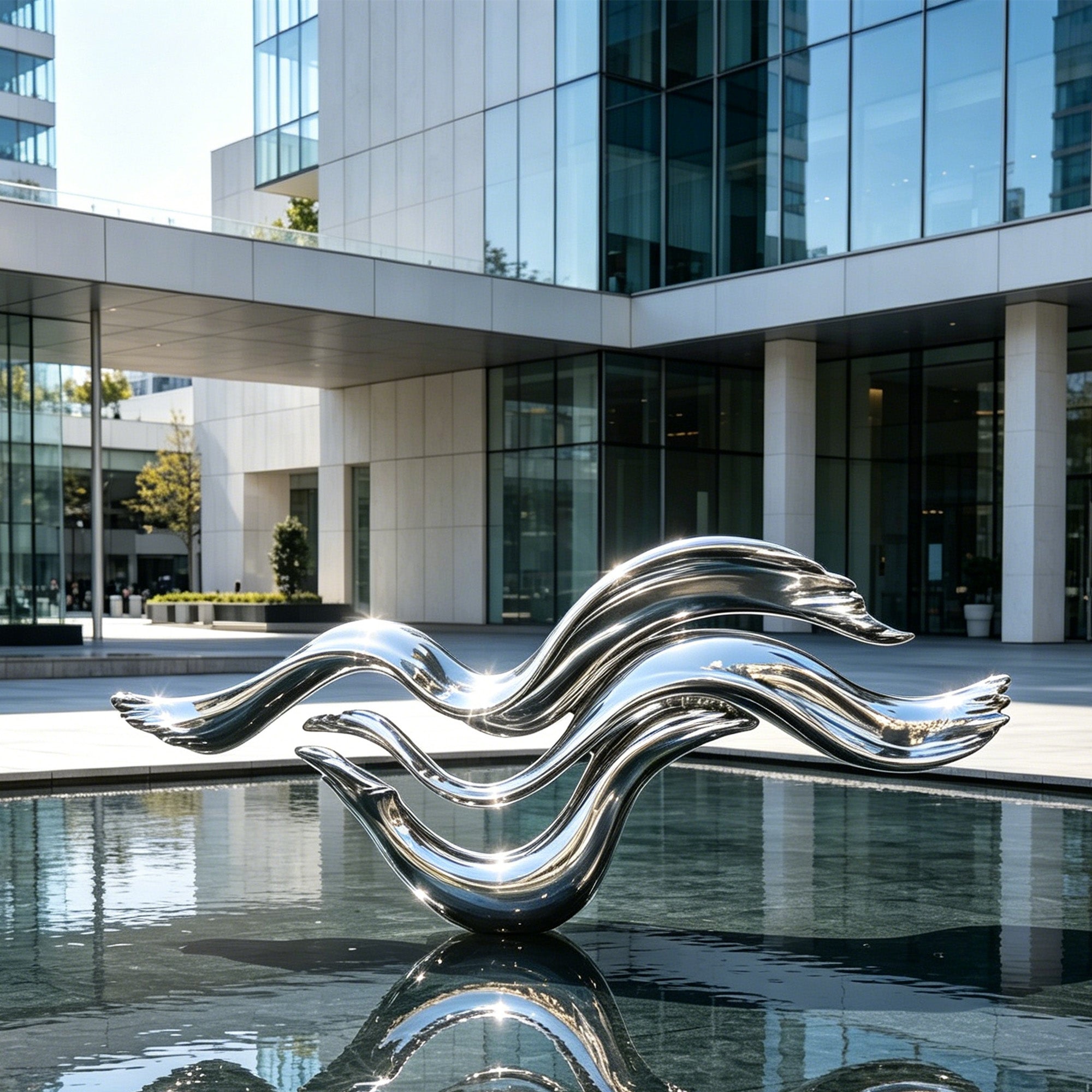 Modern sculpture in front of a glass building
