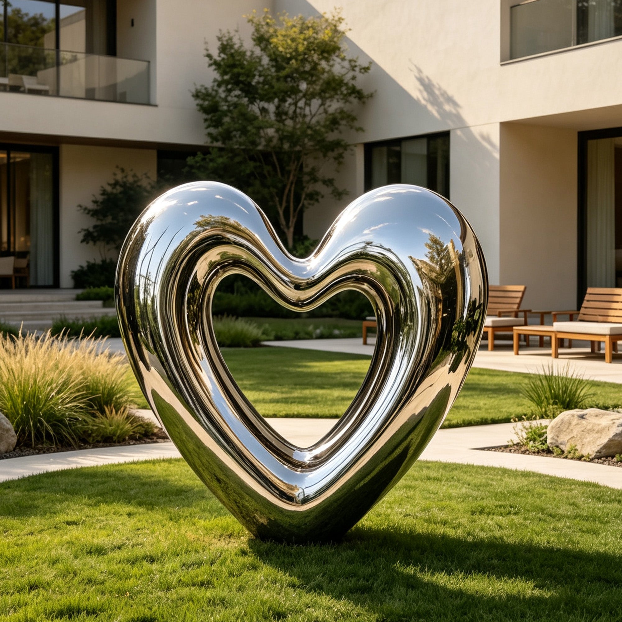 Contemporary stainless steel heart sculpture placed in a modern landscape garden, with polished reflective finish and elegant curved hollow heart structure.