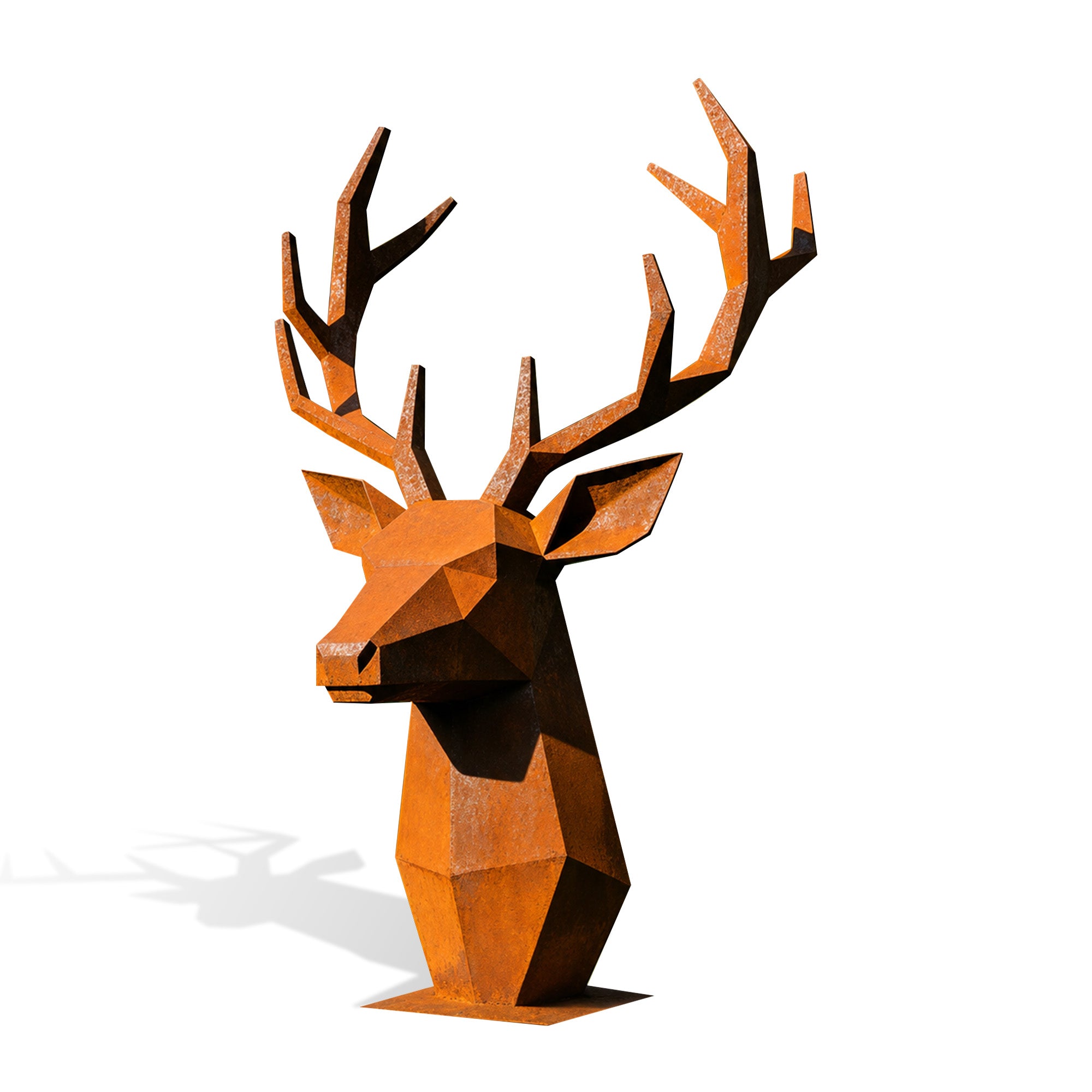 Corten Steel deer head sculpture with large antlers on a white background