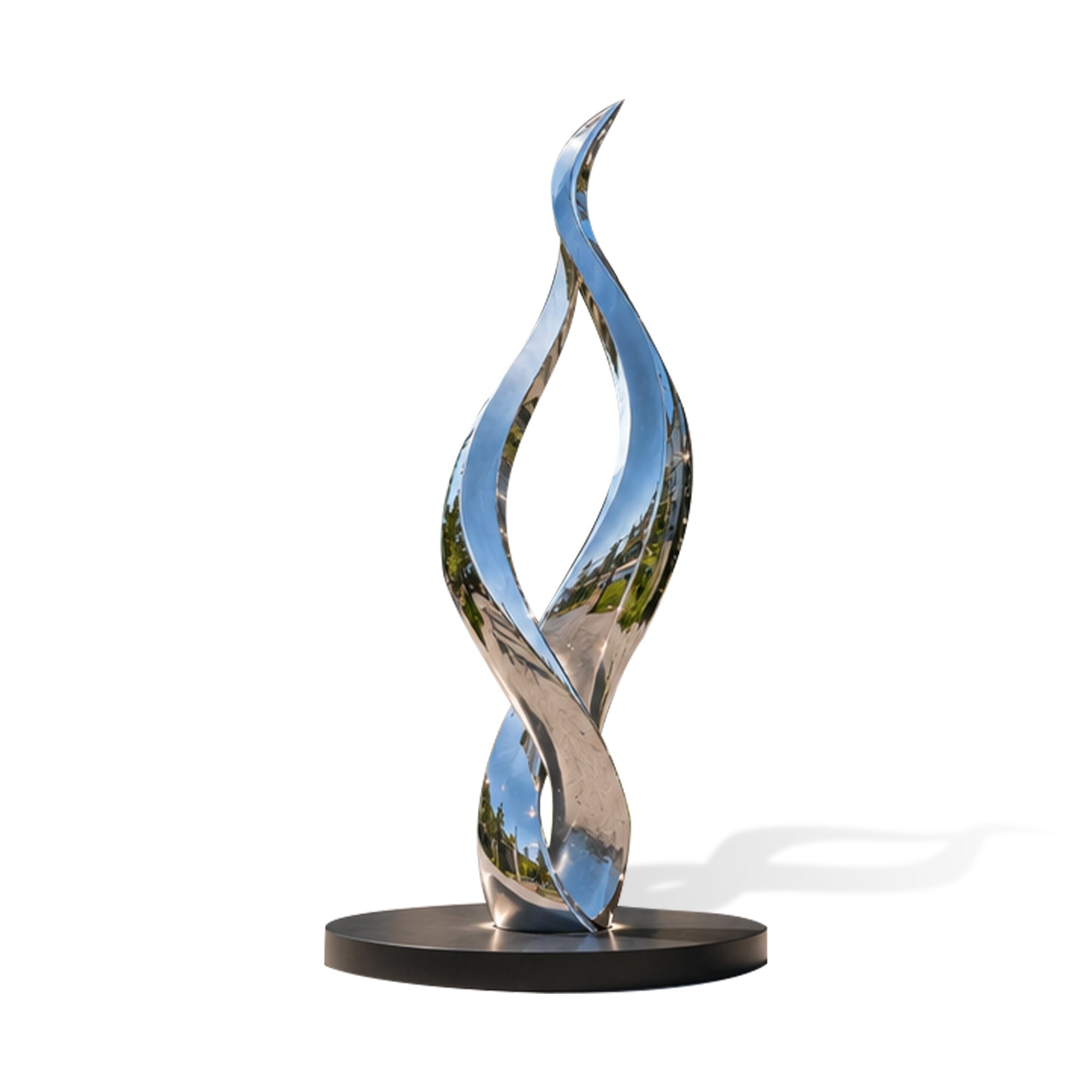 Front view of a stainless steel abstract twist sculpture, featuring polished mirror surfaces, flowing curved ribbons, open sculptural form, and circular black base.