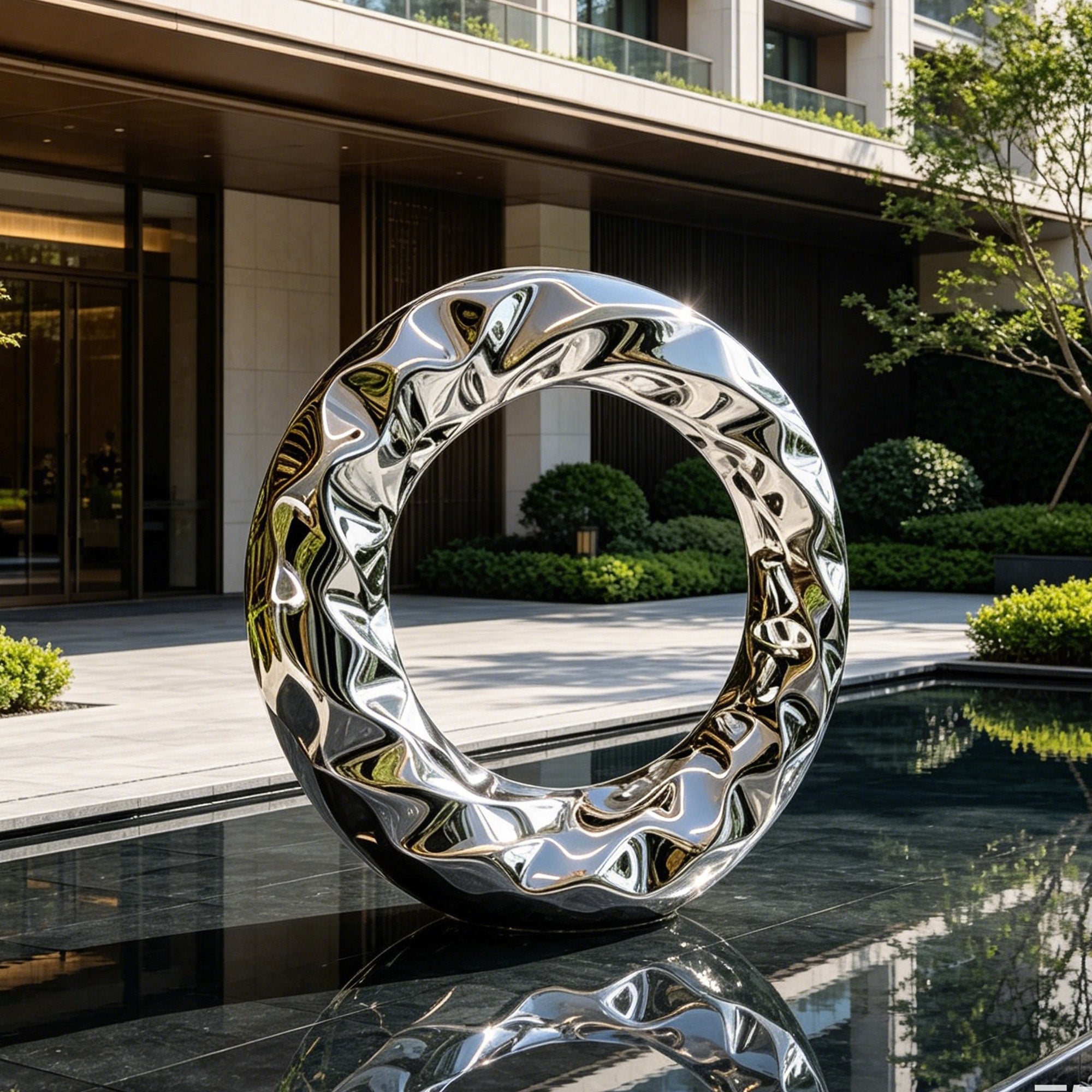 Infinity loop stainless steel garden art displayed beside a modern outdoor water feature with a mirror finish, circular open form, reflective surface, and contemporary landscape setting.