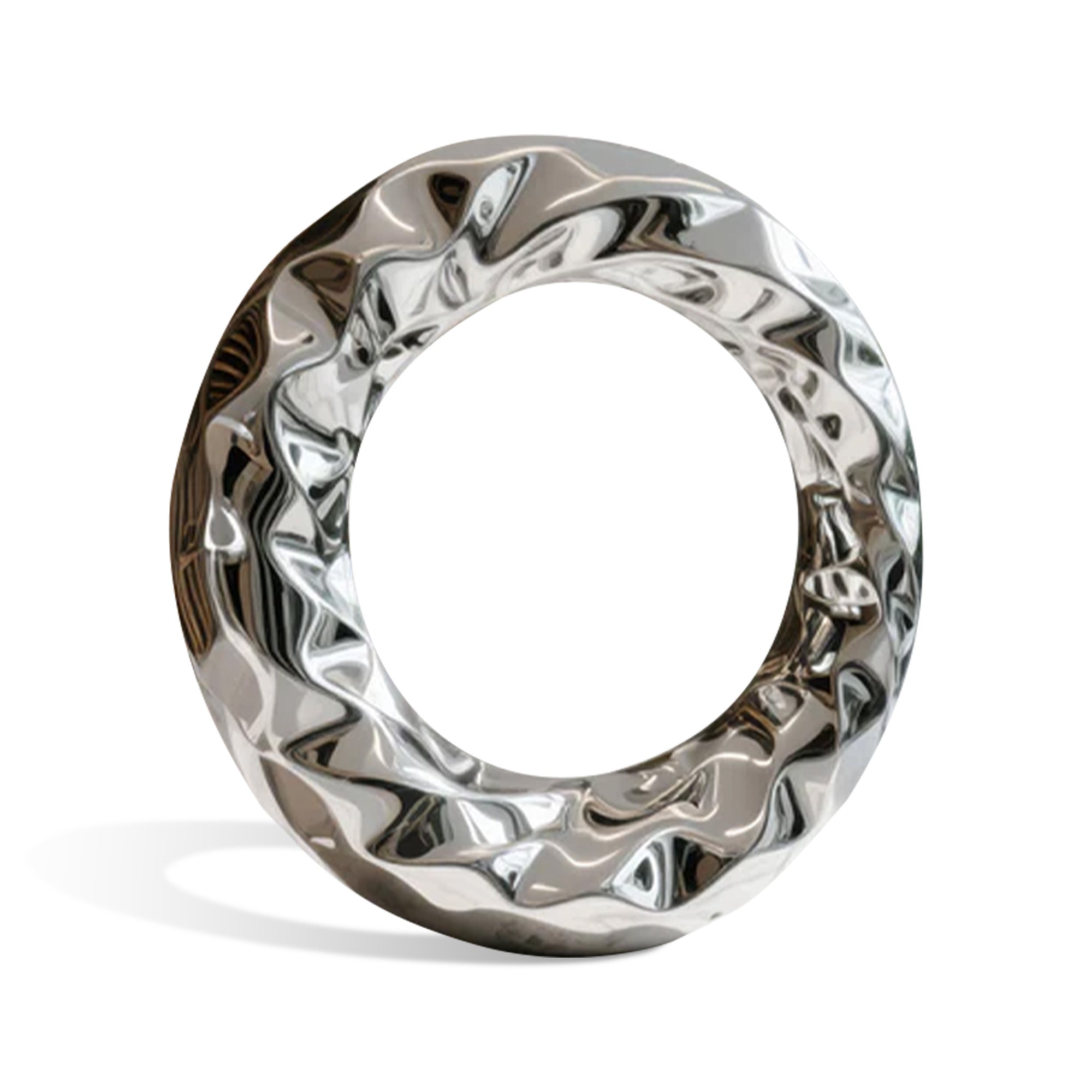 Front view of an infinity loop stainless steel sculpture, featuring a polished mirror finish, circular open form, and faceted reflective surface.