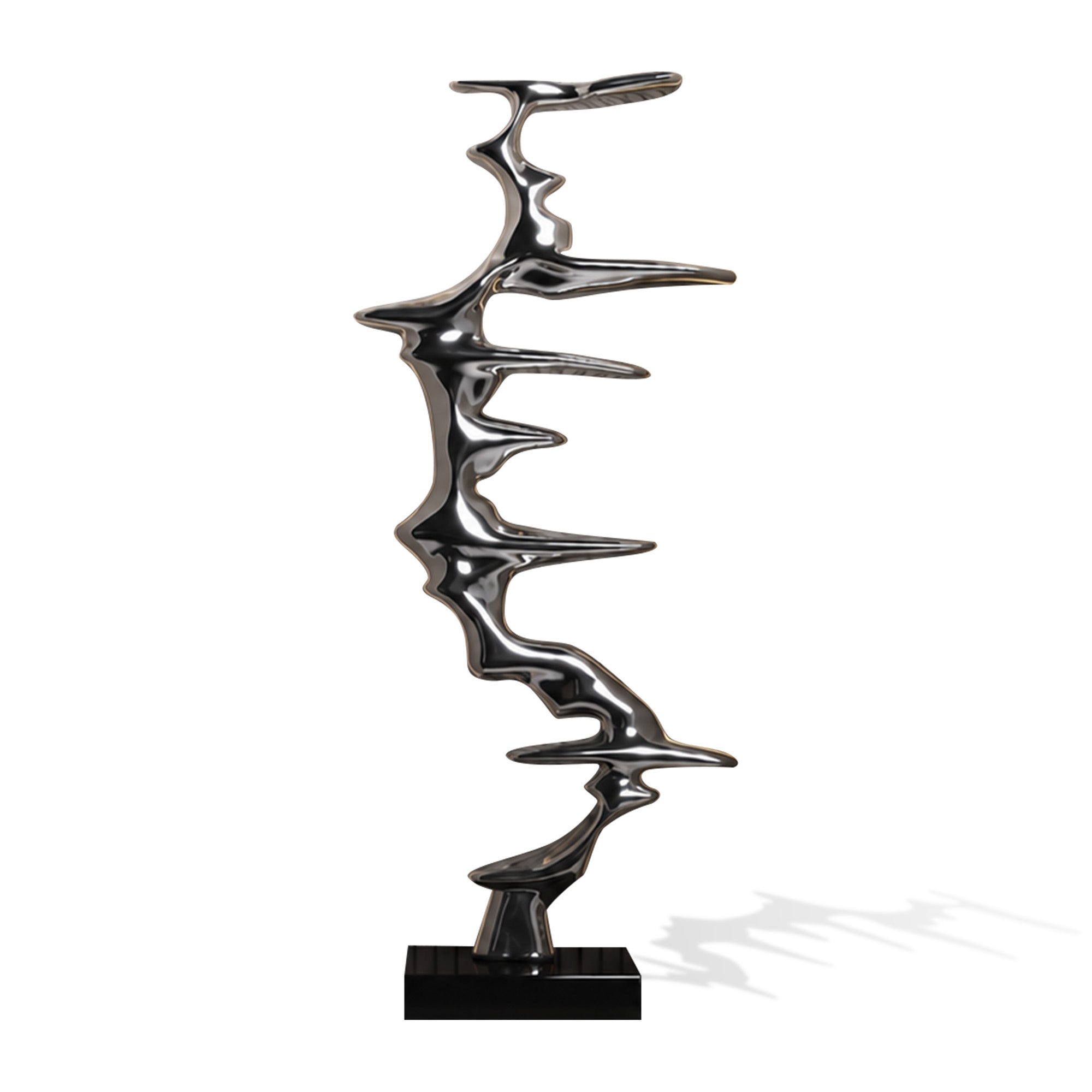 Mirror polished stainless steel abstract indoor sculpture with flowing vertical form on a black base, ideal for luxury home decor, hotel lobby, and modern interior art display