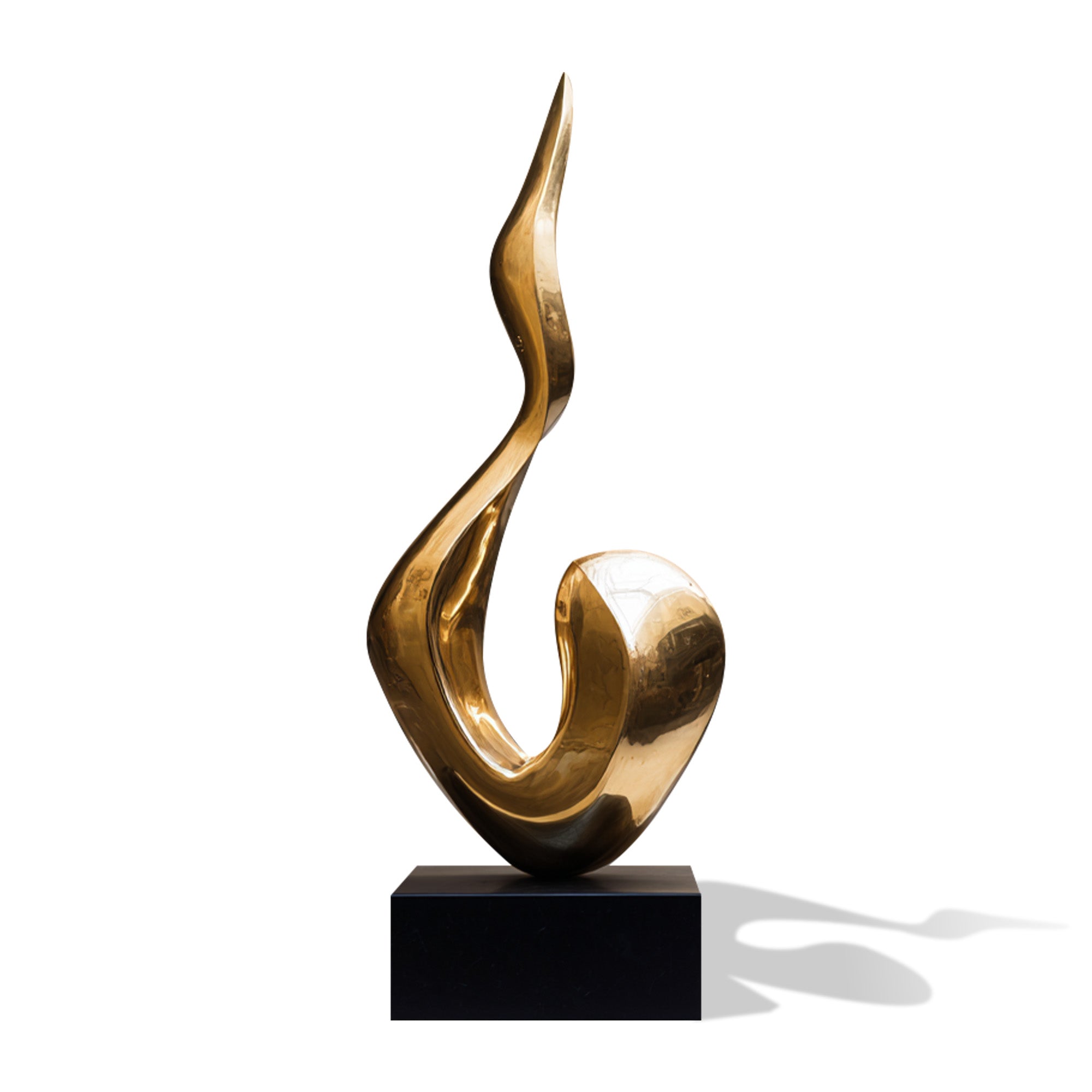 Gold plated stainless steel 、 abstract sculpture with a mirror polished surface and black display base, ideal for luxury home decor, hotel lobbies, villa entryways, and modern interior art spaces