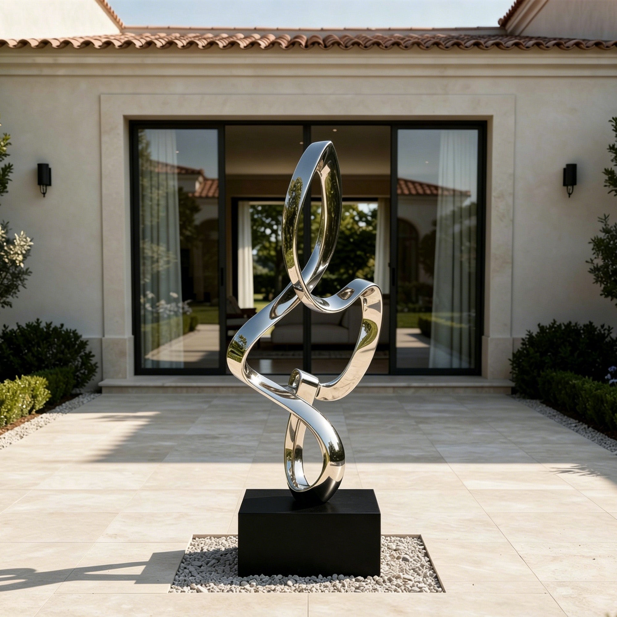 Mirror polished stainless steel ribbon lawn sculpture displayed in a luxury villa courtyard, featuring a flowing loop design on a black base for modern outdoor landscape decor