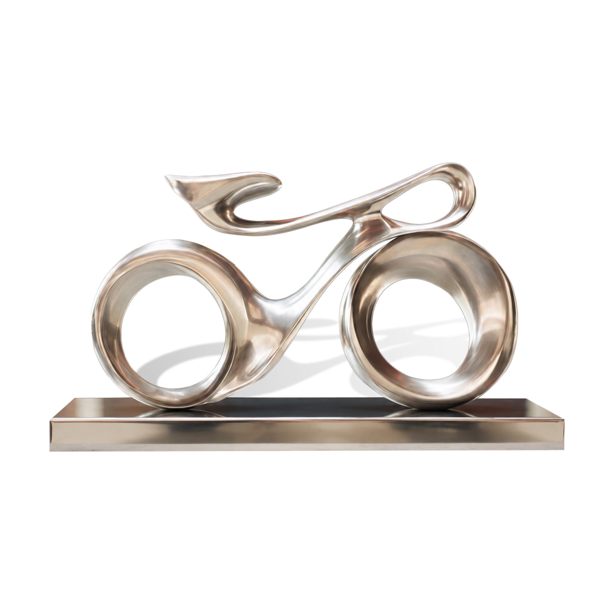 Modern bicycle-inspired stainless steel sculpture with abstract circular wheels, polished metal surface, smooth curved frame, and rectangular base on white background