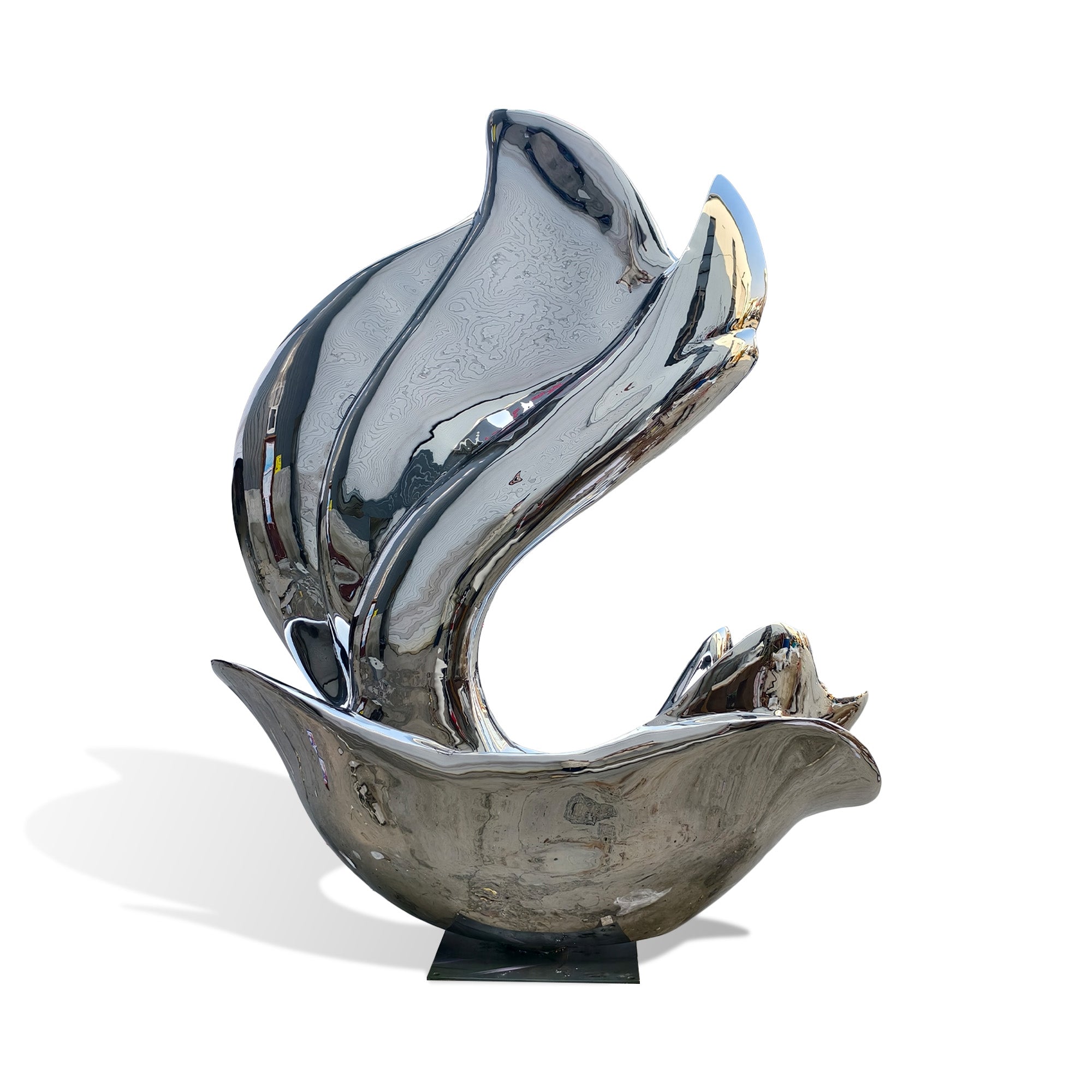 Front view of a polished stainless steel wave sculpture with flowing curved forms, reflective mirror surface, and abstract water-inspired movement on a white background.