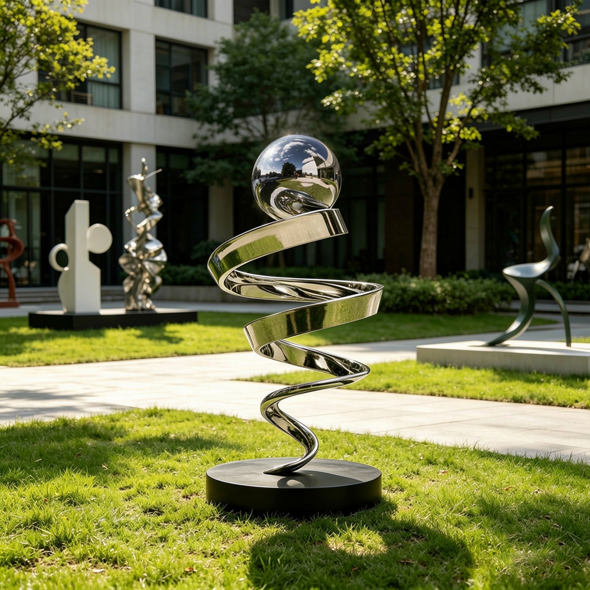 Mirror polished stainless steel spiral sphere sculpture displayed on a landscaped garden lawn with modern architecture, trees, and outdoor art surroundings.