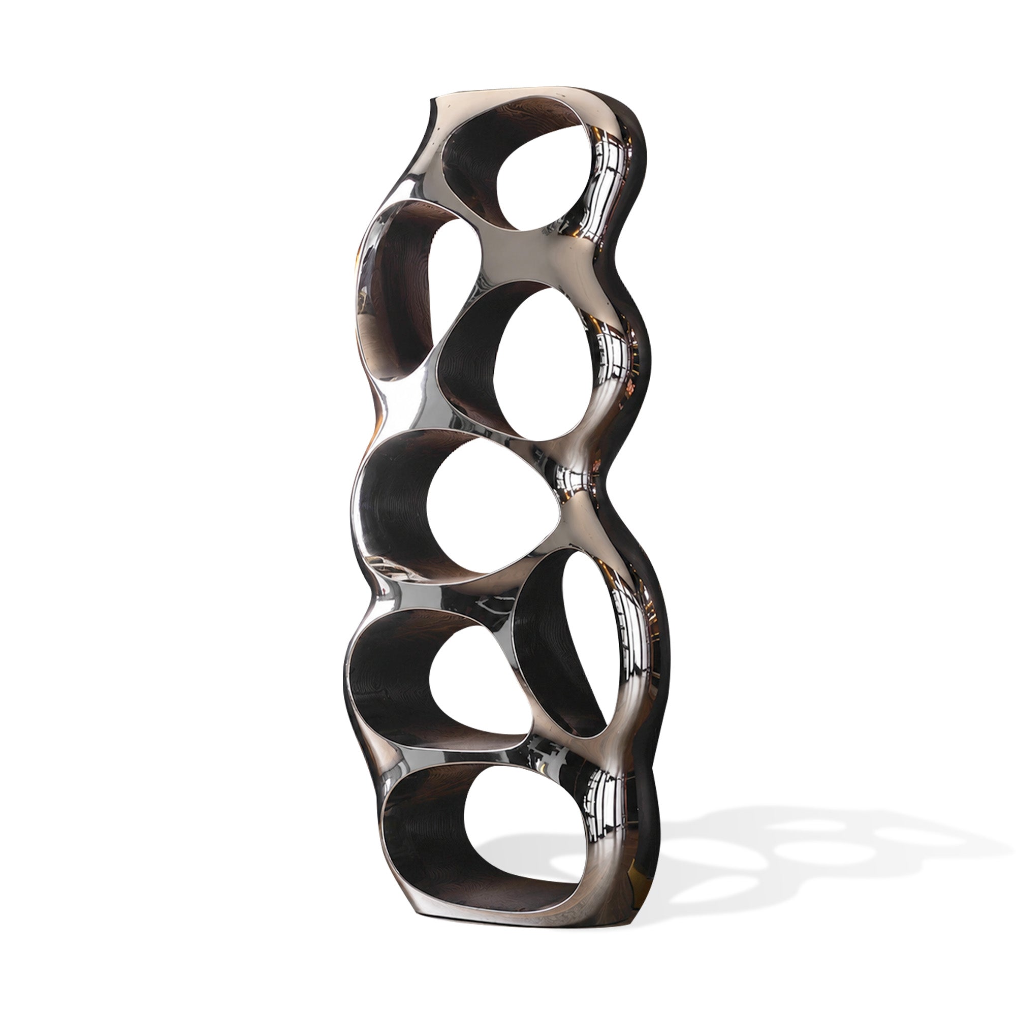 Front view of a mirror polished stainless steel display shelf with organic bubble-shaped openings, reflective silver surface, and tall sculptural form on a white background.