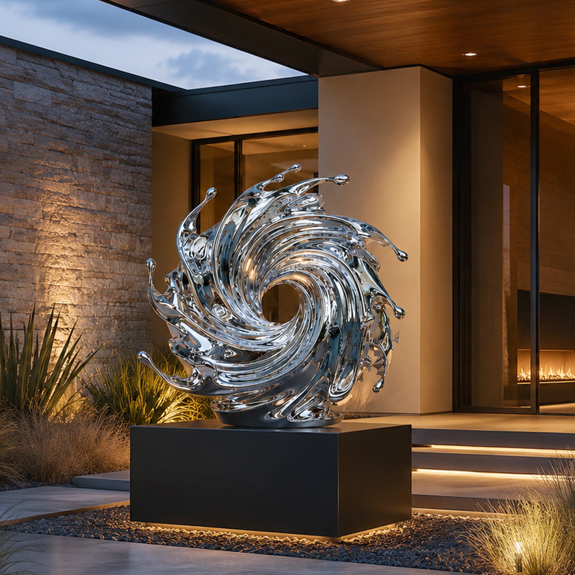 Mirror polished stainless steel vortex wave sculpture displayed on a black pedestal near a modern entrance with swirling water movement, splash details, and reflective silver finish.