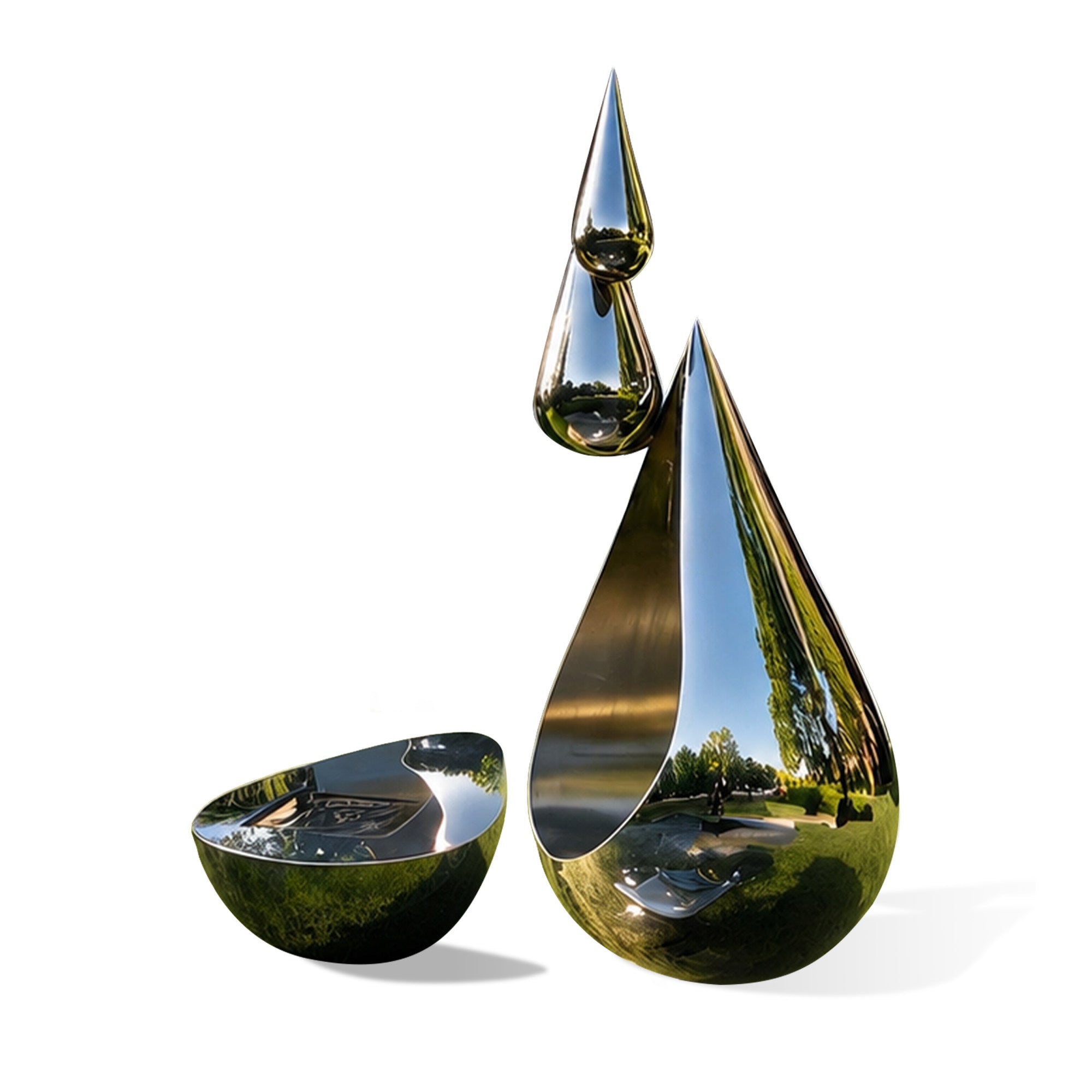 Mirror polished stainless steel water drop sculpture with floating droplet design, reflective surface, and hidden fixing structure on white background
