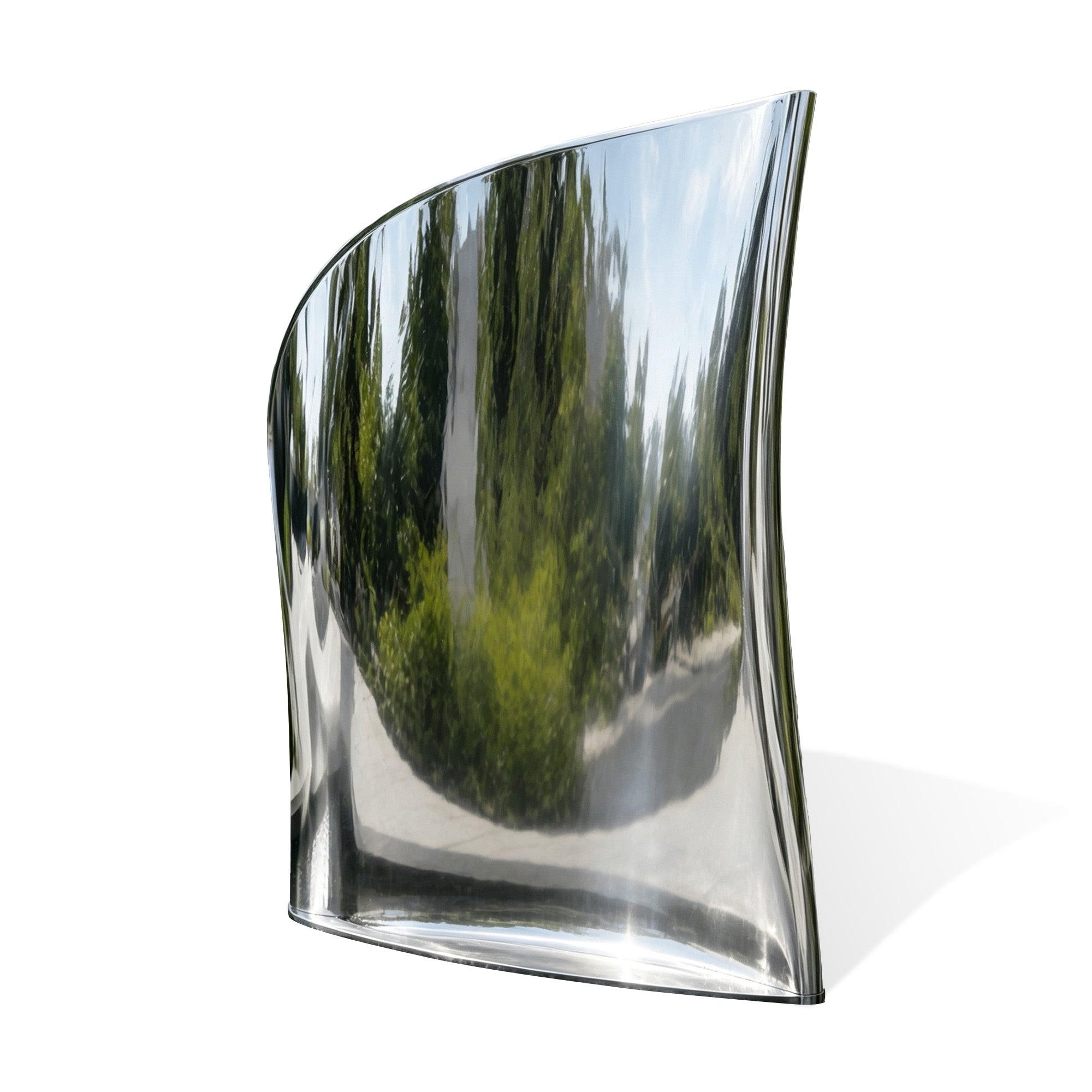Mirror stainless steel curved water wall fountain panel with reflective polished surface, soft arched top, rounded side edges, and garden reflections on white background