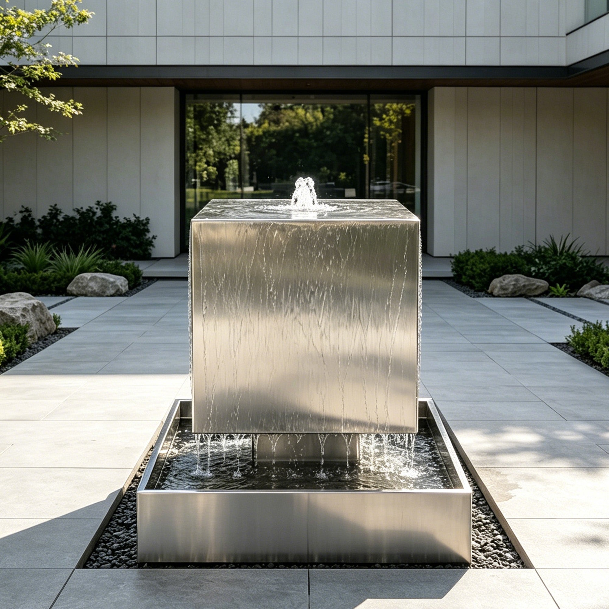 Hairline stainless steel cube fountain installed in a modern courtyard, featuring top water source, water flowing over cube edges, matching stainless steel basin, and architectural garden setting