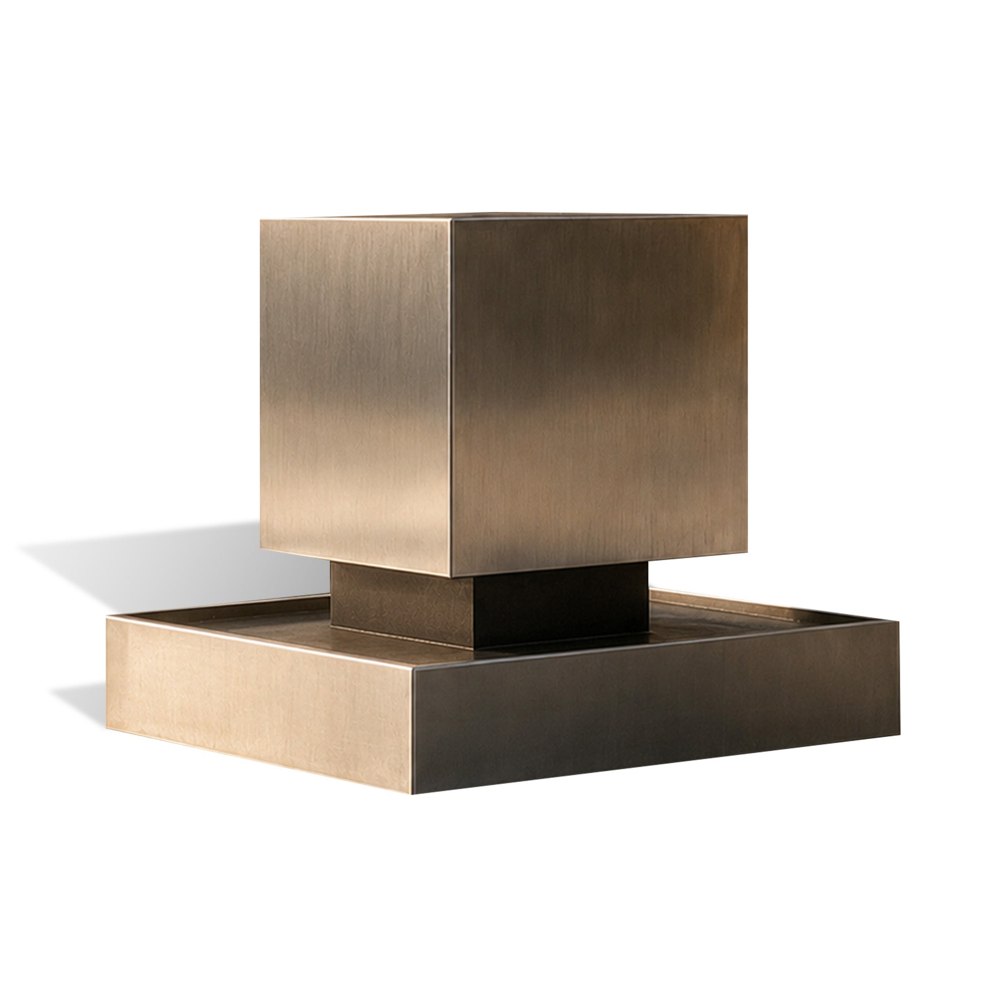 Hairline stainless steel cube fountain with matching basin, square water feature design, raised center support, brushed metal surface, and white background