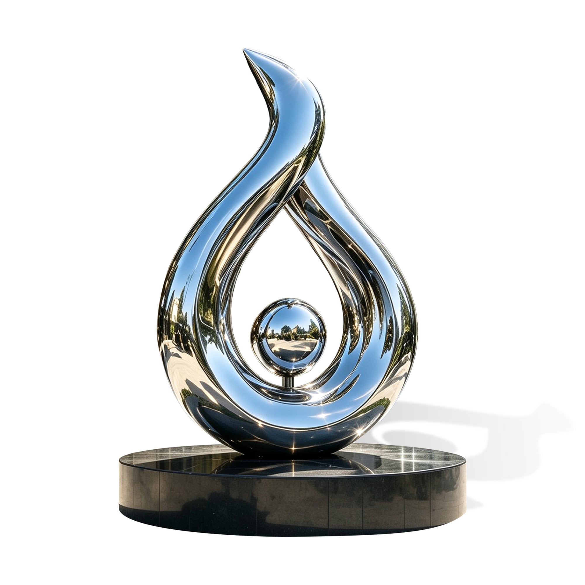 Pearl Flame mirror stainless steel teardrop sculpture with open abstract flame form, central reflective sphere, polished silver surface, black round base, and white background