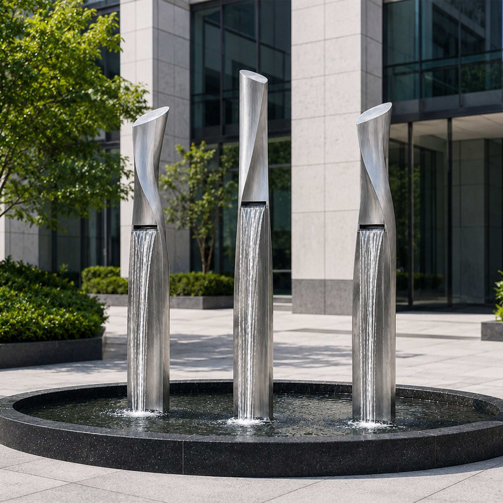 Brushed stainless steel column fountain set installed in a circular outdoor basin, featuring three twisting vertical fountain columns, mid-level water outlets, flowing water, and modern commercial courtyard setting