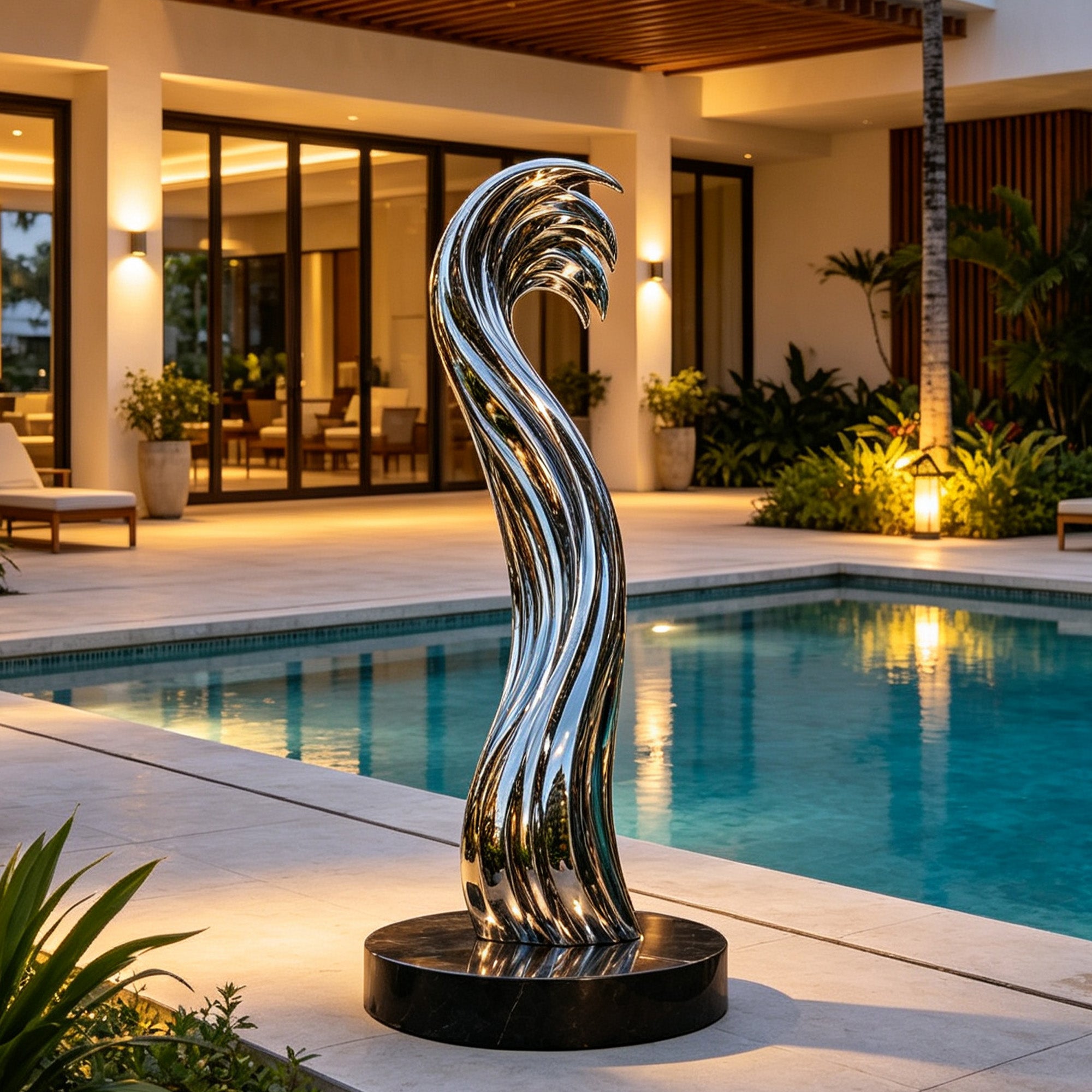 Moonlit Wave mirror stainless steel water flow sculpture installed beside a luxury pool, featuring reflective curved wave form, black round base, warm courtyard lighting, and modern villa patio setting
