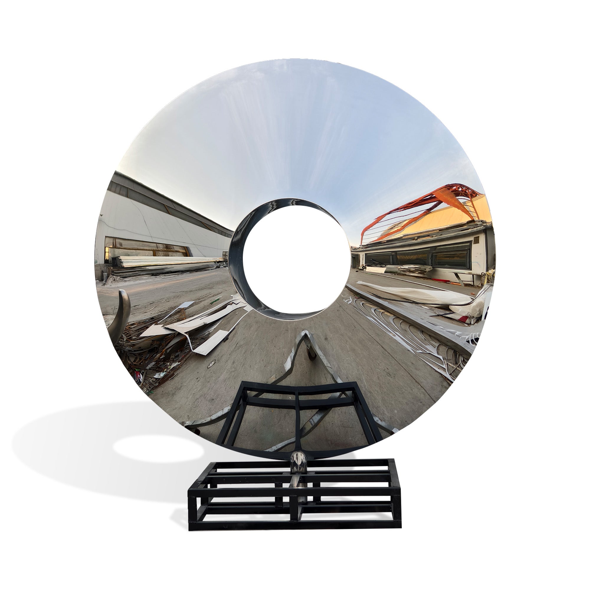 Front view of Sky Portal mirror stainless steel ring sculpture with round central hole, polished reflective surface, circular abstract form, and black metal frame on white background