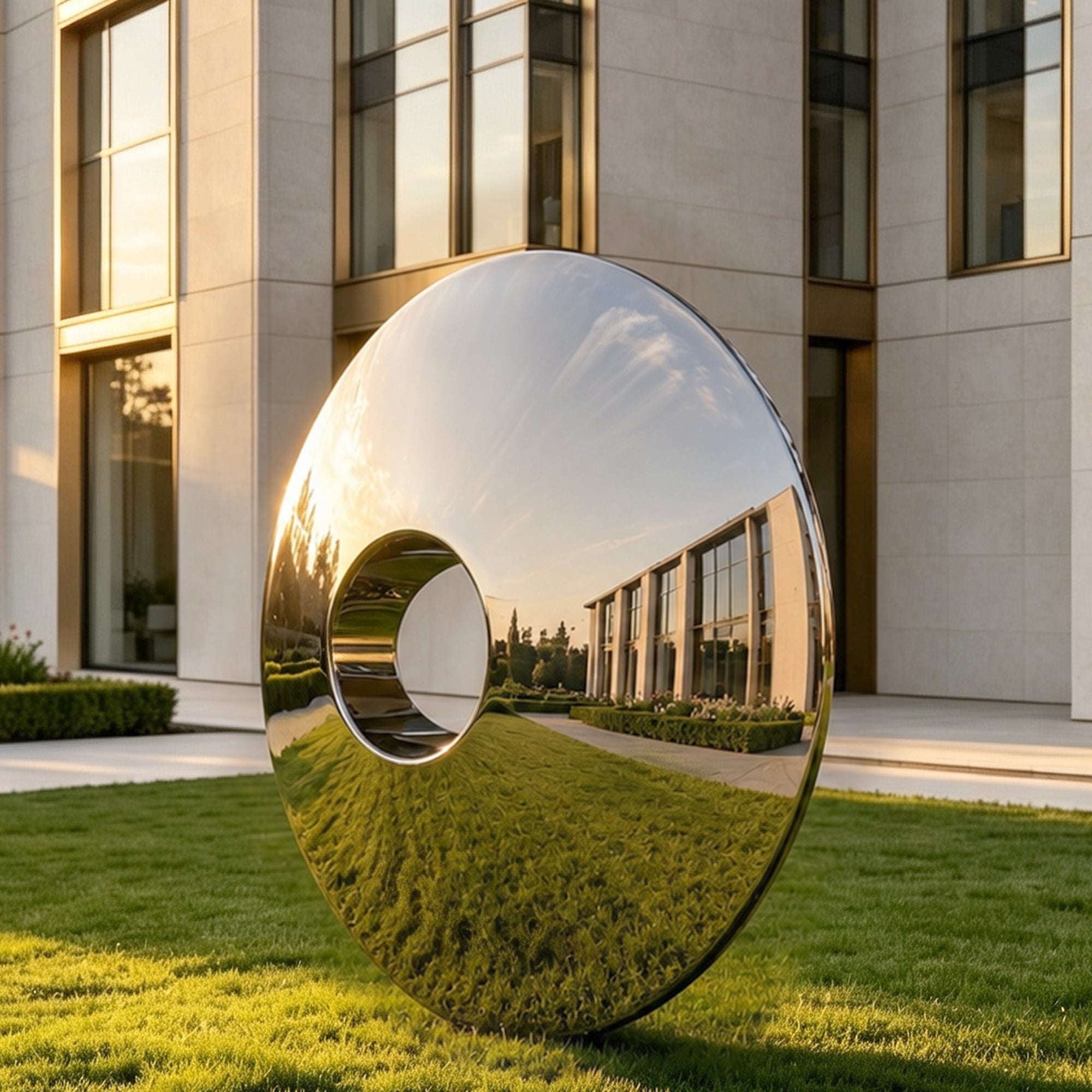 Large mirror stainless steel ring sculpture installed on a luxury lawn, featuring a polished reflective surface, central circular opening, and modern building landscape setting