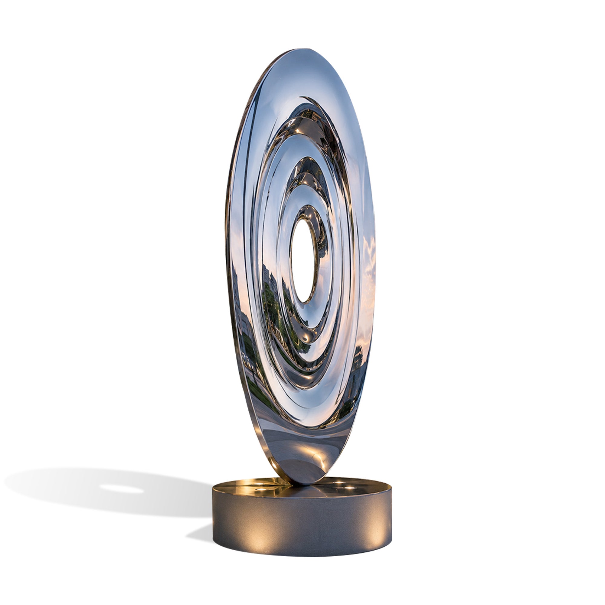 Liquid Lens mirror stainless steel concentric oval sculpture with central opening, layered ripple ring design, polished reflective surface, round base, and white background