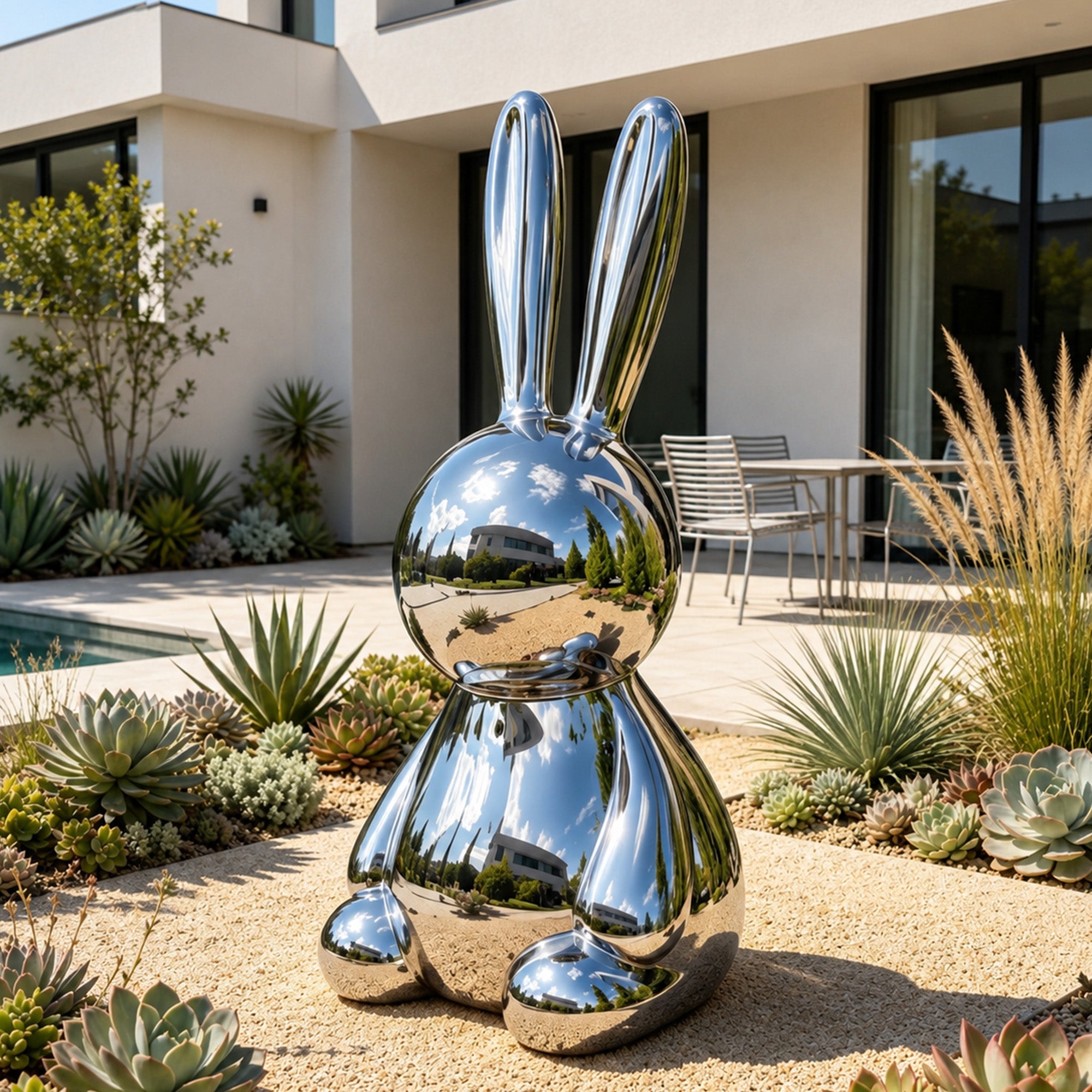 Mirror stainless steel rabbit sculpture displayed in a succulent garden courtyard, featuring tall upright ears, rounded bunny body, reflective polished surface, gravel landscape, and modern villa patio setting