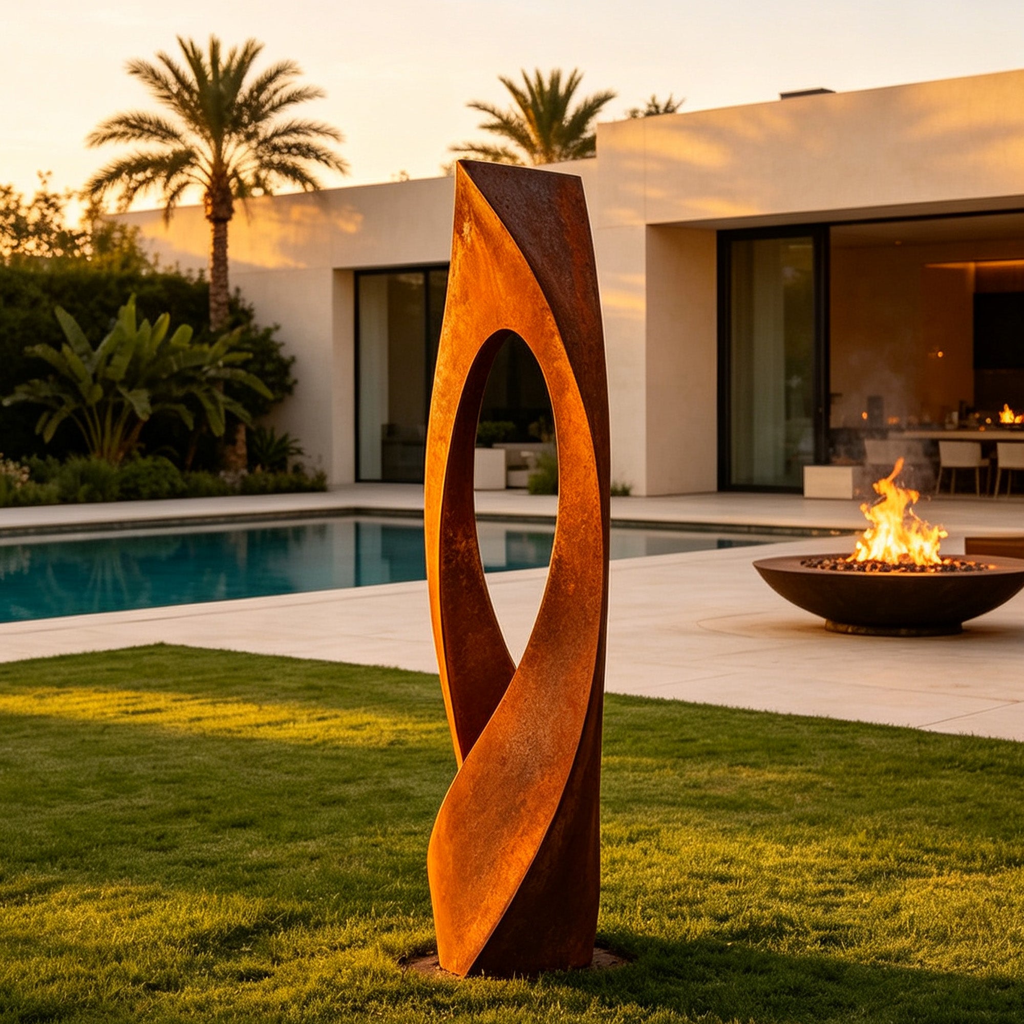 Weathering steel abstract garden sculpture with rusted finish installed beside a modern villa pool