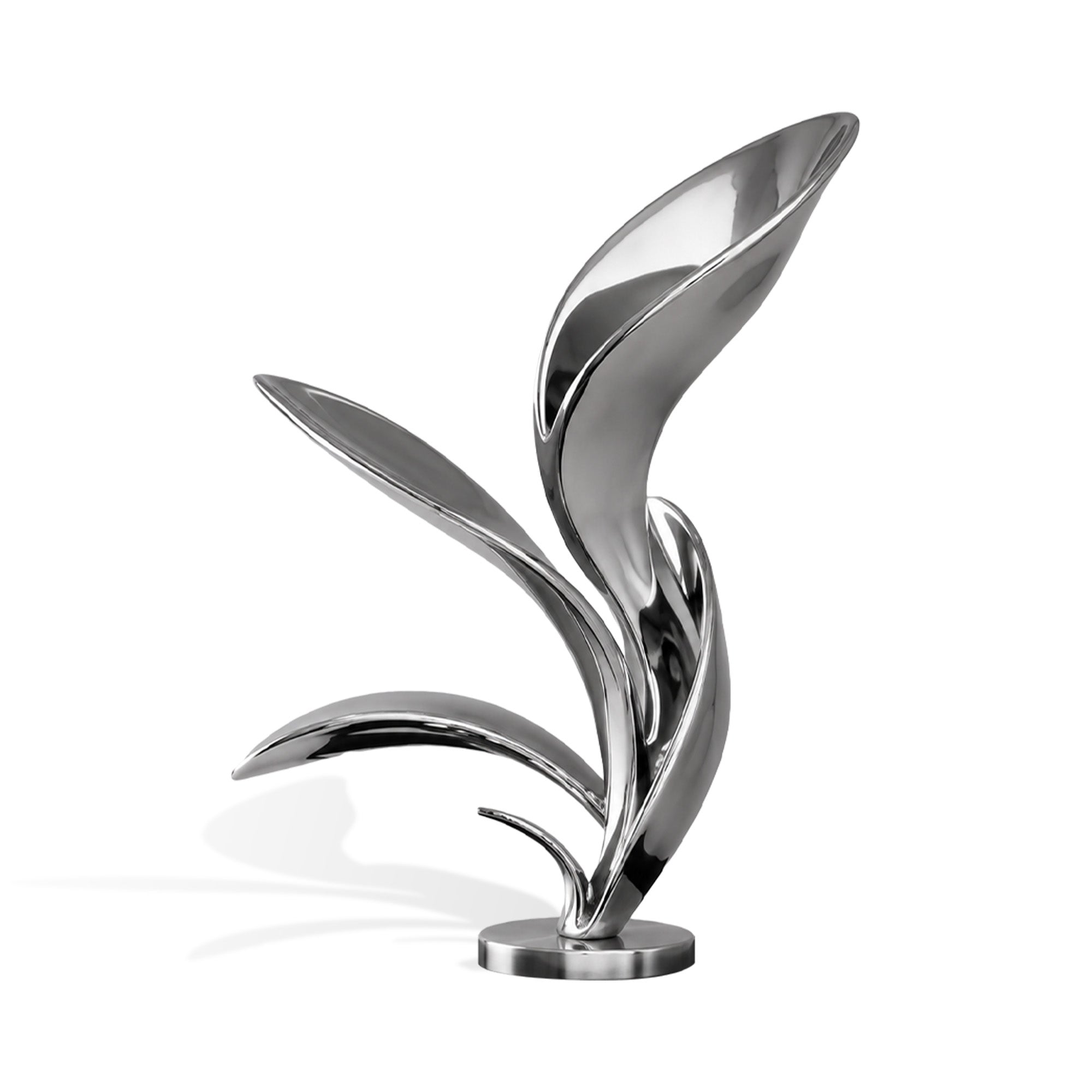 Abstract mirror stainless steel leaf sculpture with three upward curved leaf shapes, polished reflective finish, flowing botanical form, round base, and white background