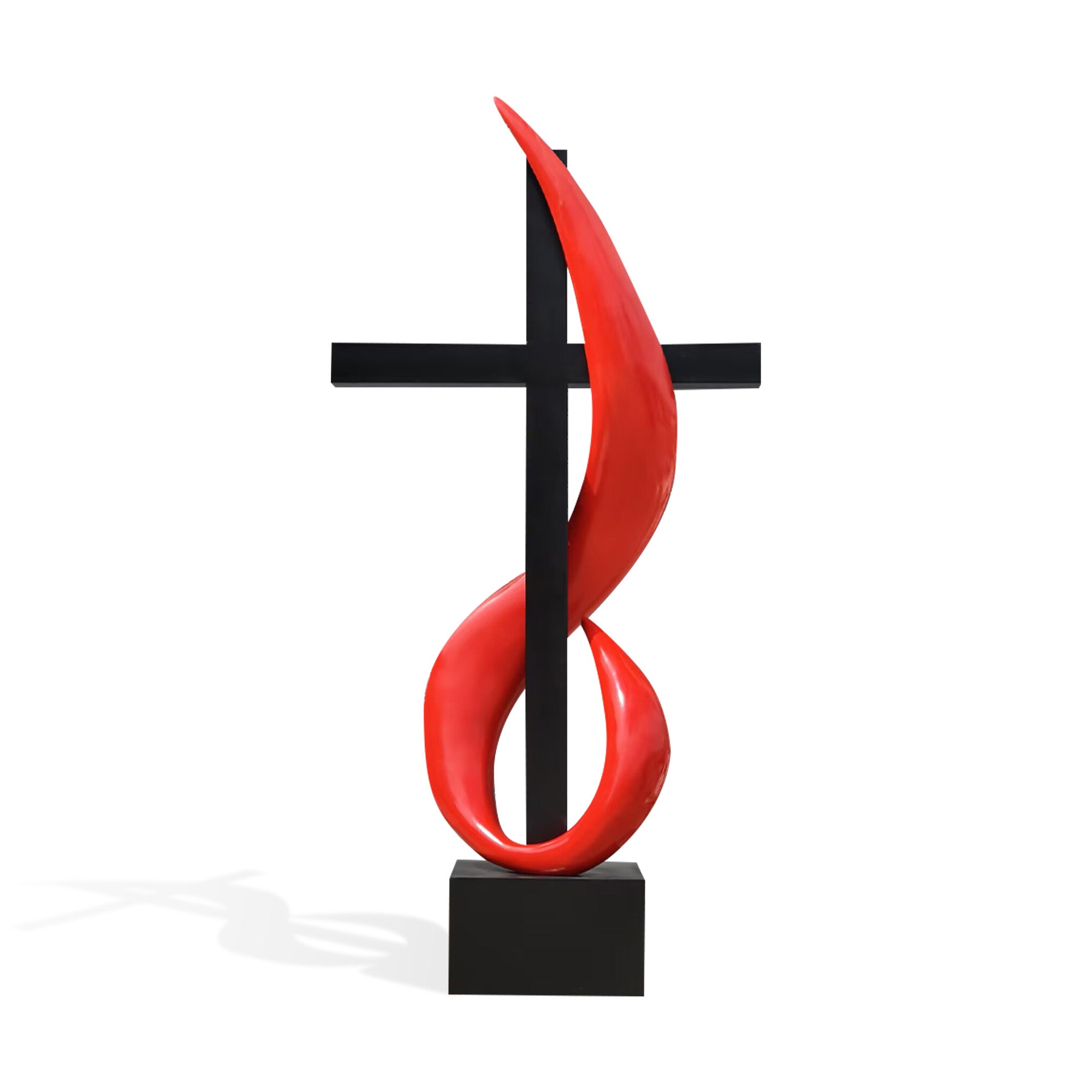 Painted stainless steel church cross logo sculpture with black cross and red ribbon design, front view
