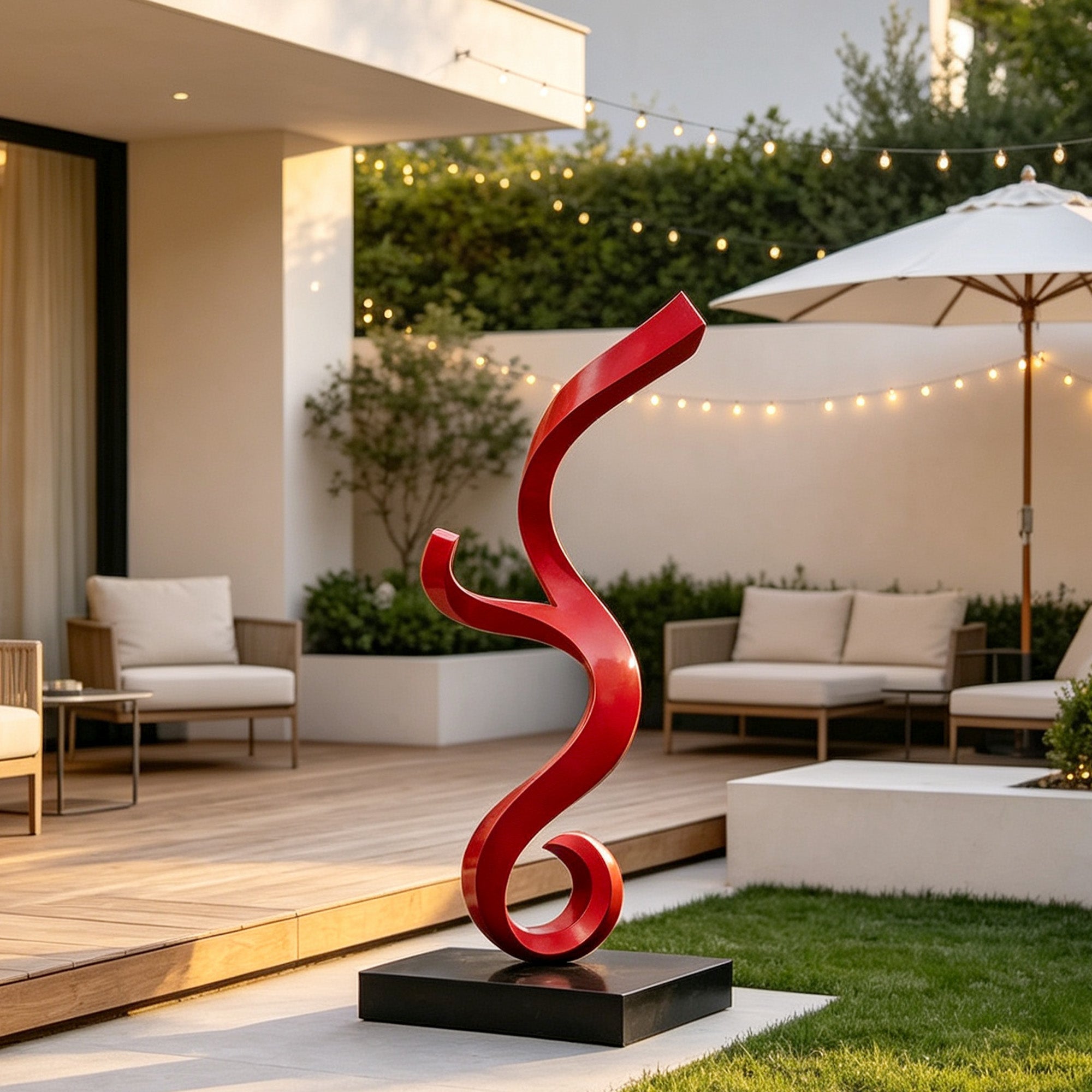 Modern red stainless steel sculpture with elegant curved lines displayed in a contemporary outdoor garden space