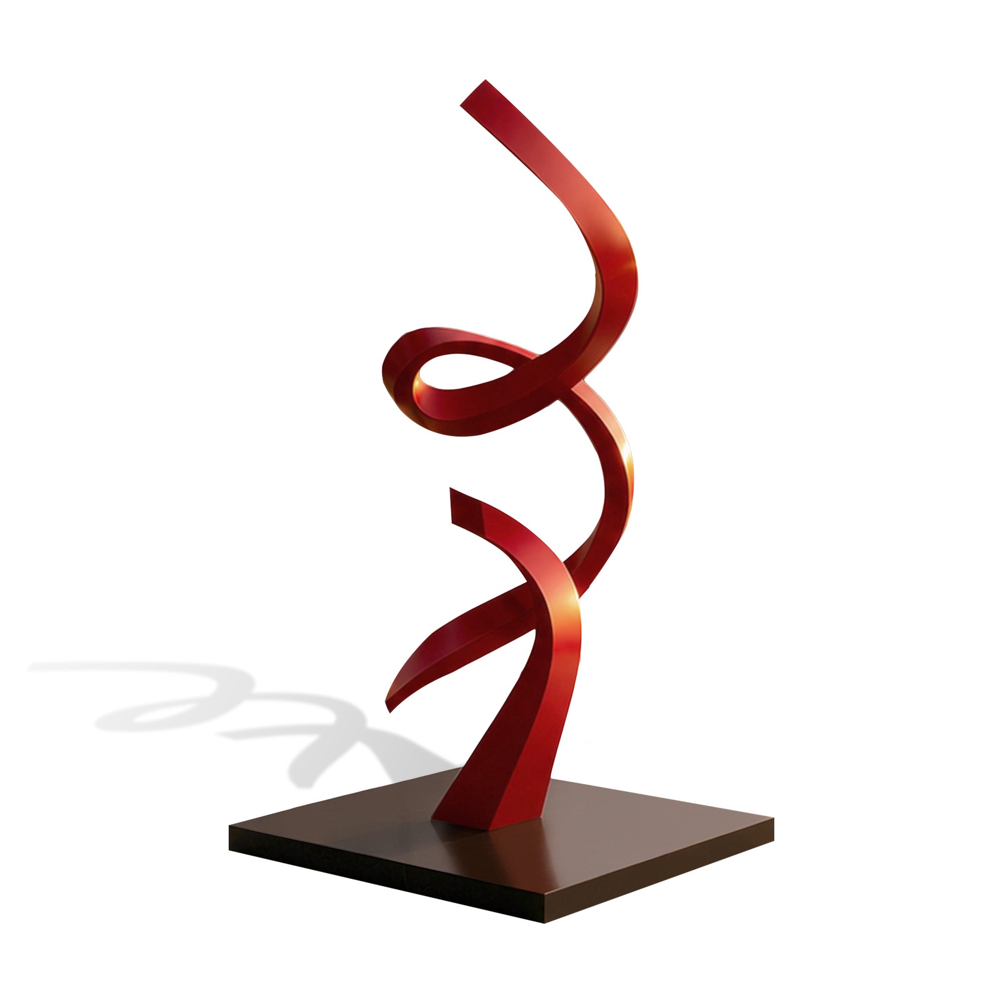 Modern red painted stainless steel sculpture featuring a minimalist flowing curve design for contemporary outdoor and indoor spaces
