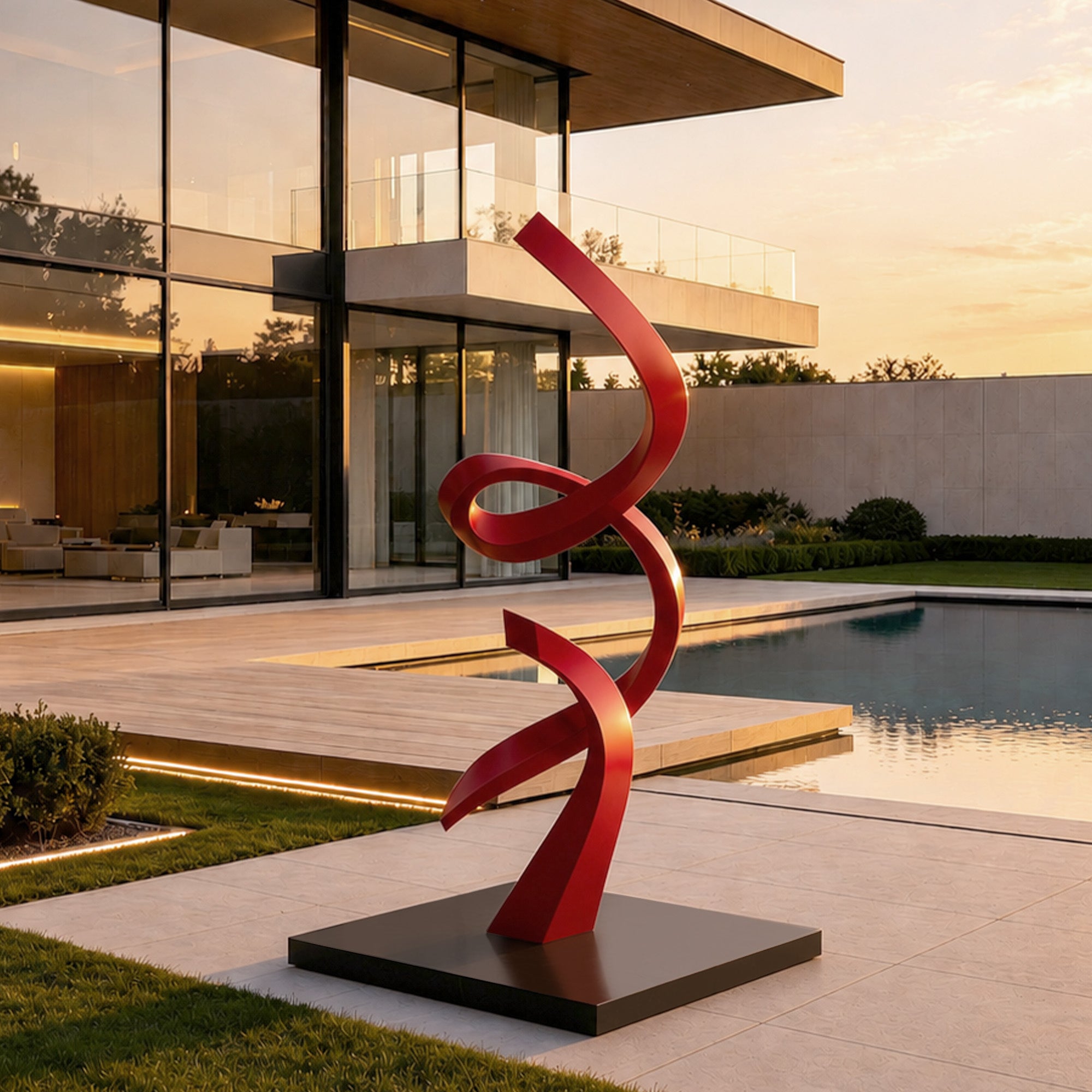 Red abstract stainless steel sculpture with flowing curved design installed in a modern outdoor villa landscape