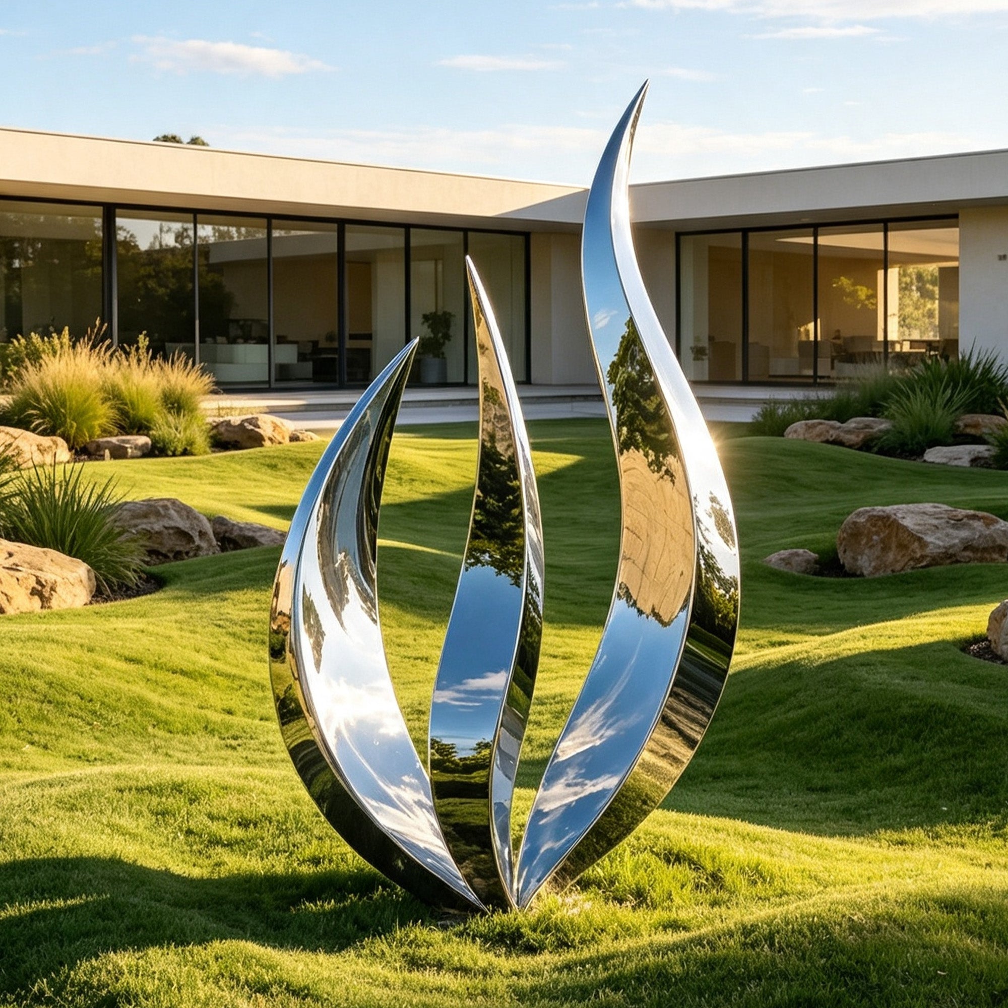 Mirror polished stainless steel abstract leaf sculpture with three curved forms installed in a modern villa garden
