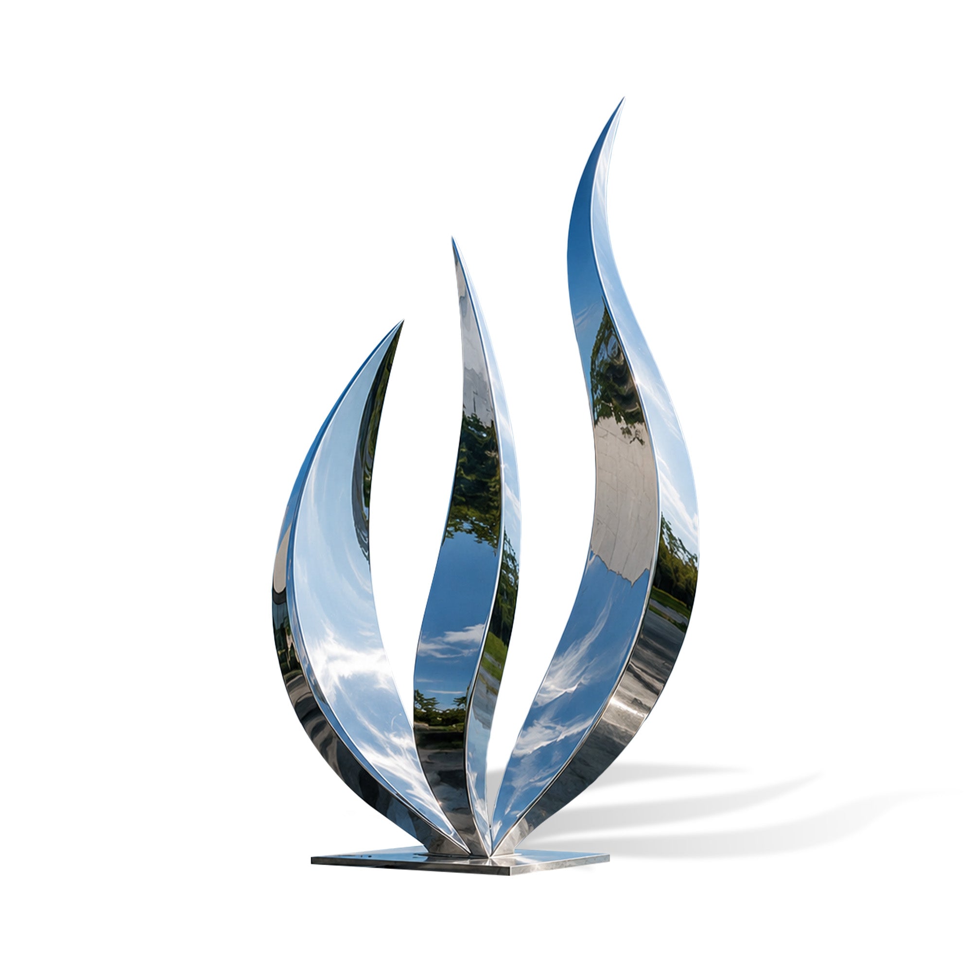Three leaf mirror polished stainless steel abstract sculpture with tall curved pointed forms