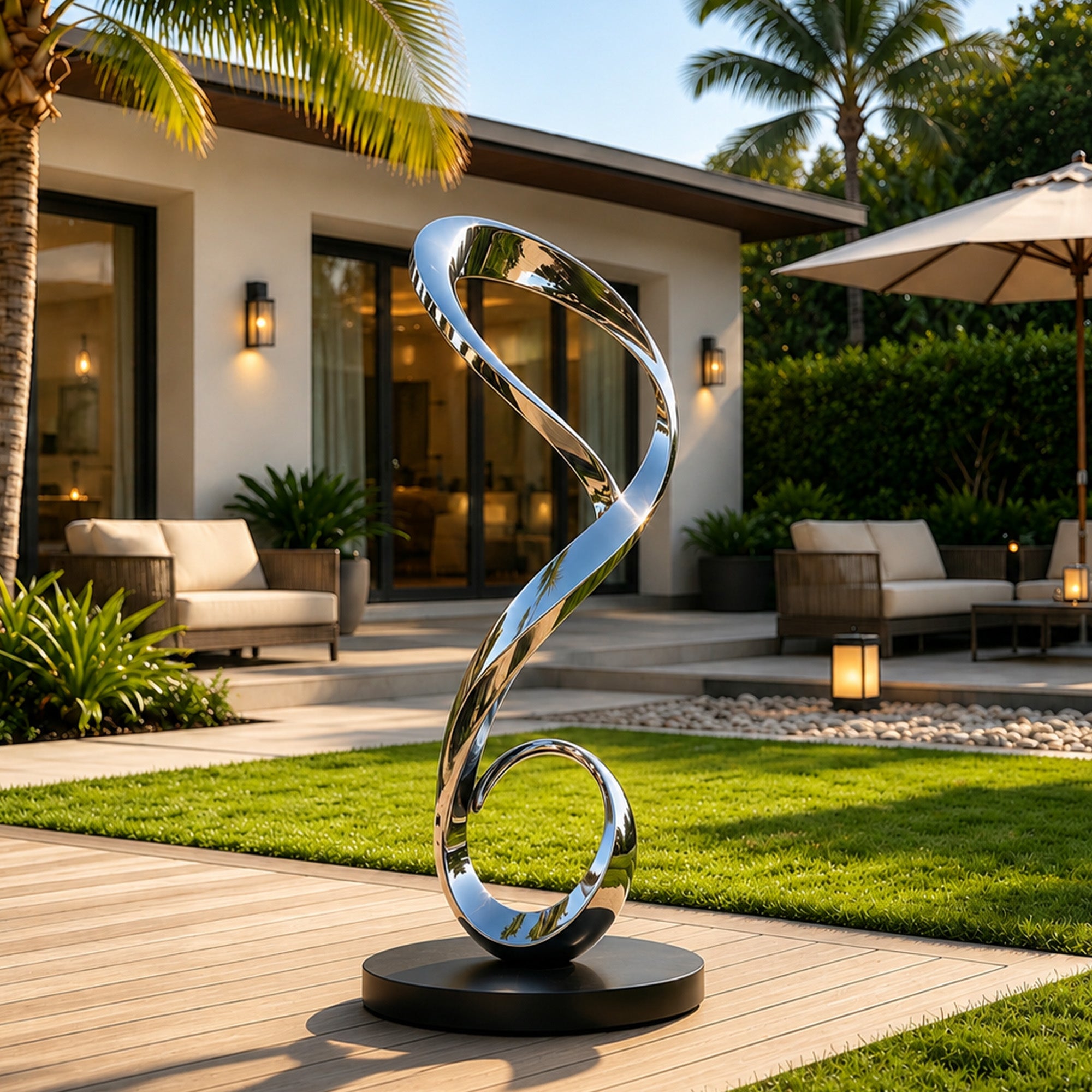 Reflective stainless steel loop sculpture with flowing ribbon curves displayed in a modern garden patio