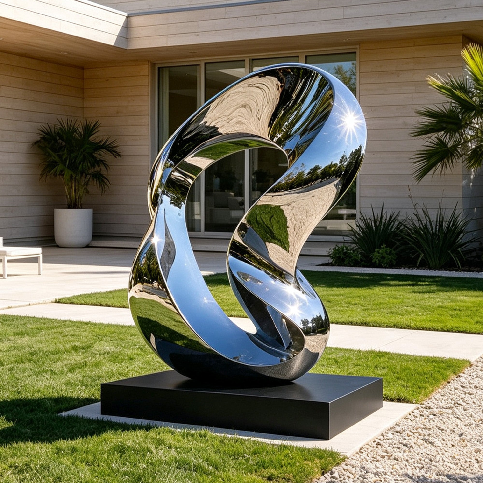 Large modern mirror polished stainless steel lawn sculpture displayed on a landscaped residential lawn