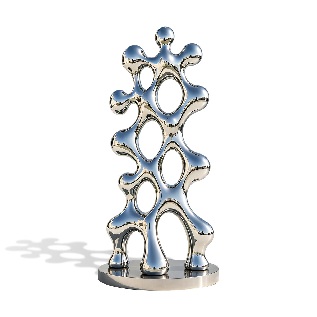Tall abstract stainless steel sculpture featuring fluid organic contours, multiple irregular oval openings, rounded forms, and a highly reflective mirror-polished surface on a circular base.