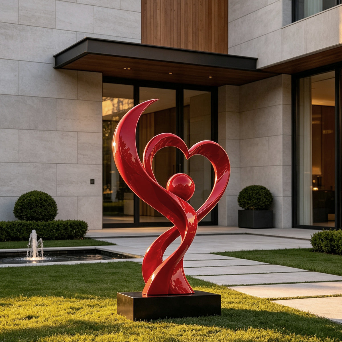 Glossy red stainless steel heart sculpture displayed in a modern residential garden, featuring intertwined ribbon-like curves, an open heart silhouette, and a central sphere mounted on a black rectangular base.