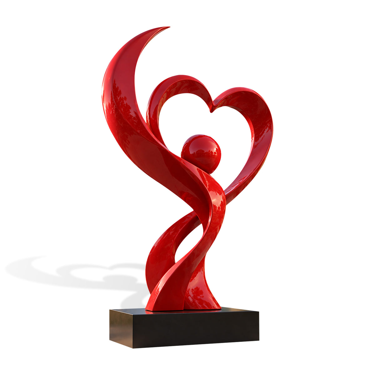 Abstract red stainless steel sculpture with sweeping intertwined curves forming an open heart, a polished central sphere, and a black pedestal base, designed as contemporary outdoor love-themed art.