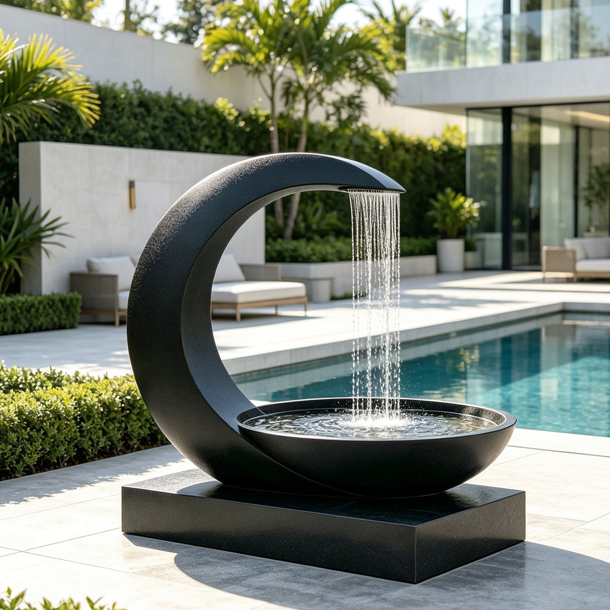Modern black stainless steel crescent fountain sculpture with a curved water spout and round basin, creating a cascading water curtain beside a luxury outdoor swimming pool.