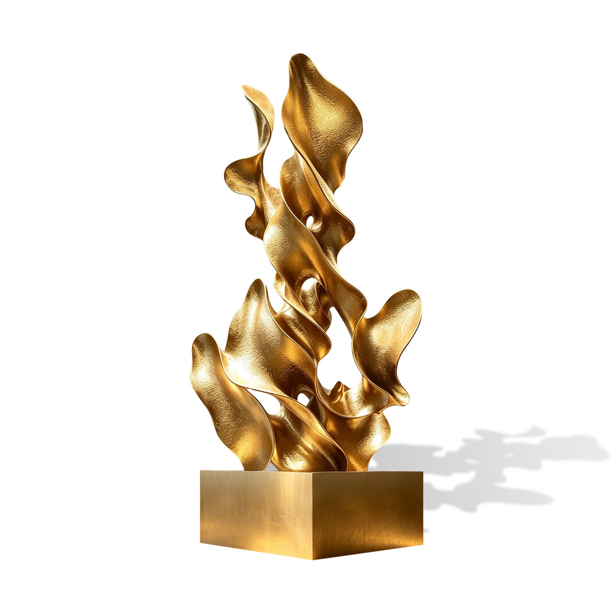 Freestanding gold stainless steel abstract sculpture featuring layered ribbon-like forms, fluid asymmetrical curves, organic openings, and a square metallic pedestal base.