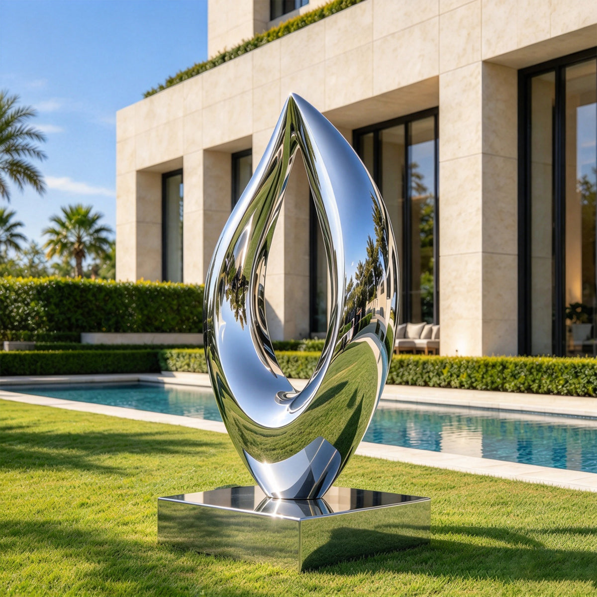 Large mirror-polished stainless steel teardrop sculpture with a fluid open-center design, displayed on a reflective square base beside the lawn and swimming pool of a modern luxury villa.