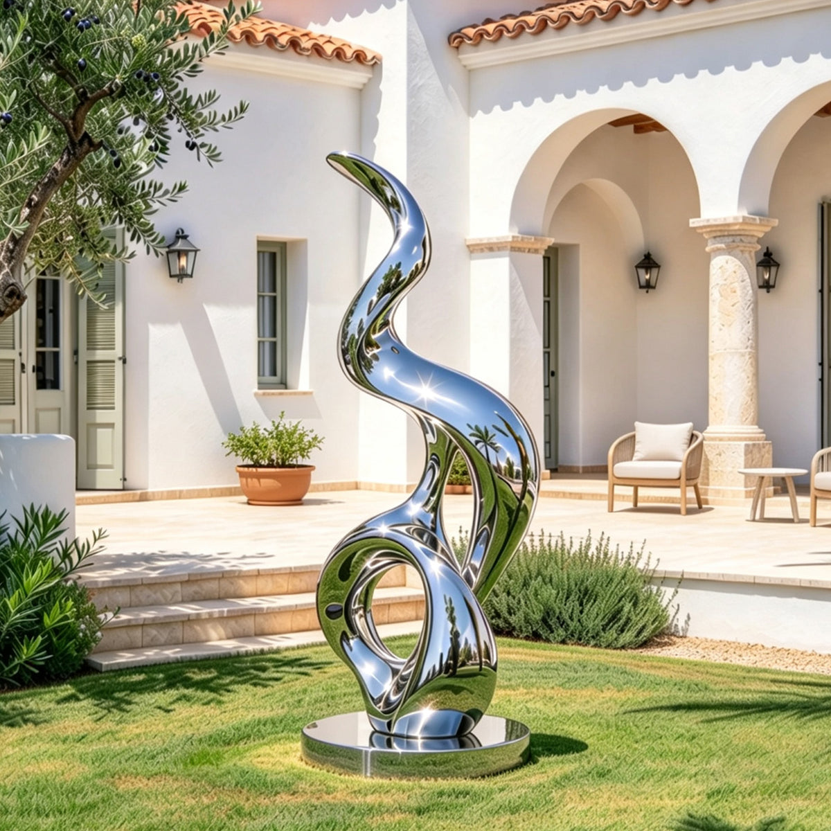 Tall mirror-polished stainless steel abstract sculpture with sweeping S-shaped curves and open circular forms, displayed on a round base in the landscaped courtyard of a luxury Mediterranean-style villa.