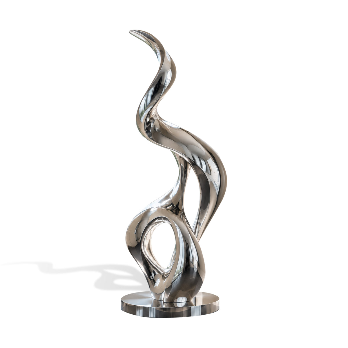 Contemporary mirror-polished stainless steel sculpture featuring a tall fluid silhouette, twisting organic curves, open negative spaces, and a reflective silver surface on a circular metal base.
