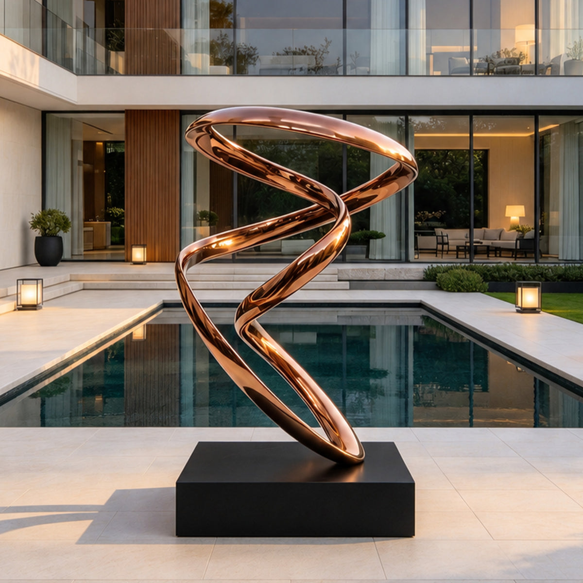 Large abstract rose gold stainless steel sculpture featuring flowing, intertwined ribbon loops with a highly reflective mirror-polished surface. Its elegant twisting form creates an open elliptical loop at the top and sweeping curves below, resting on a rectangular matte black pedestal beside a swimming pool in the courtyard of a contemporary luxury villa with floor-to-ceiling glass windows.